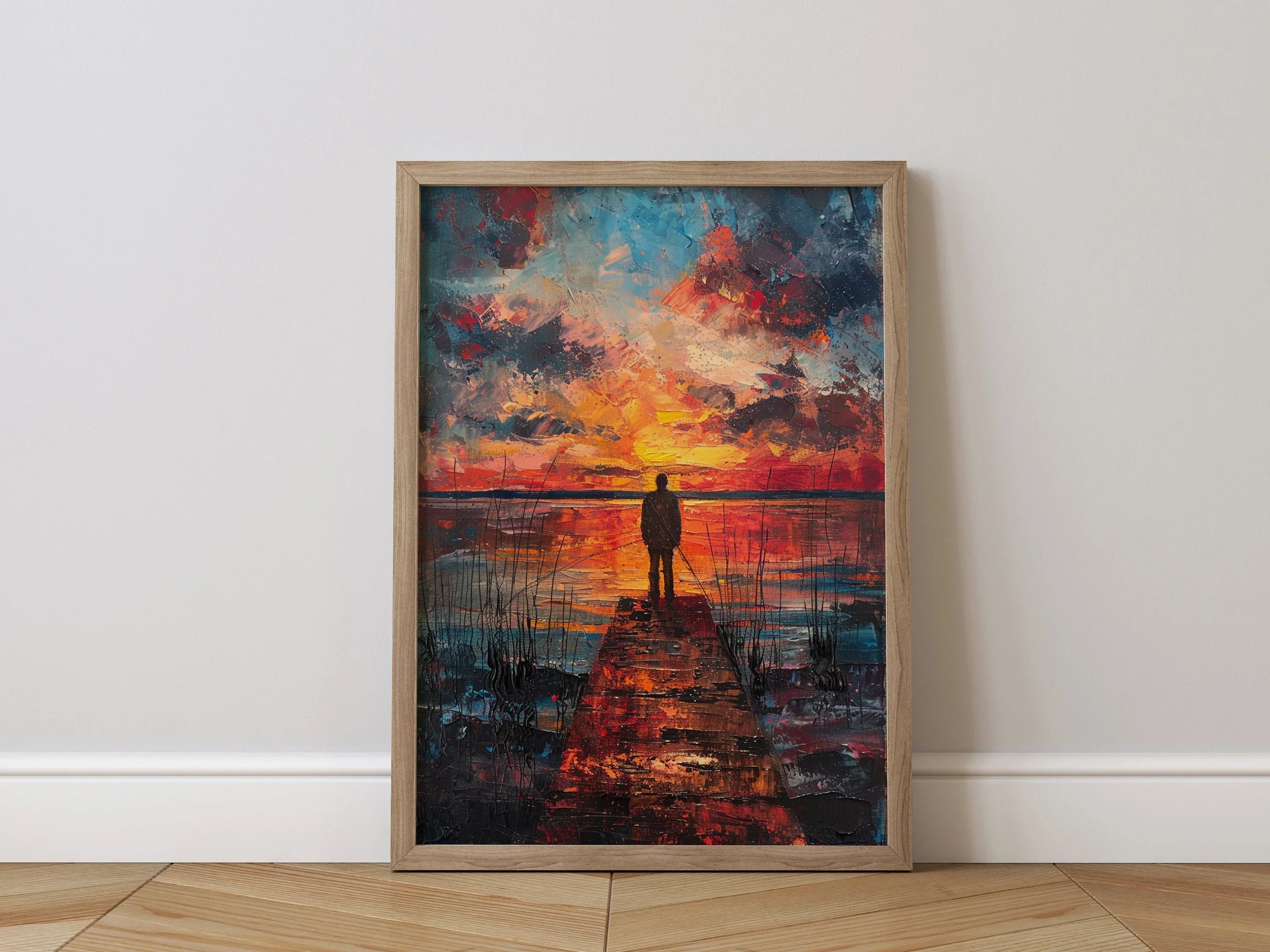 Sunset fisherman wall art – vibrant blue and orange evening dock landscape scene