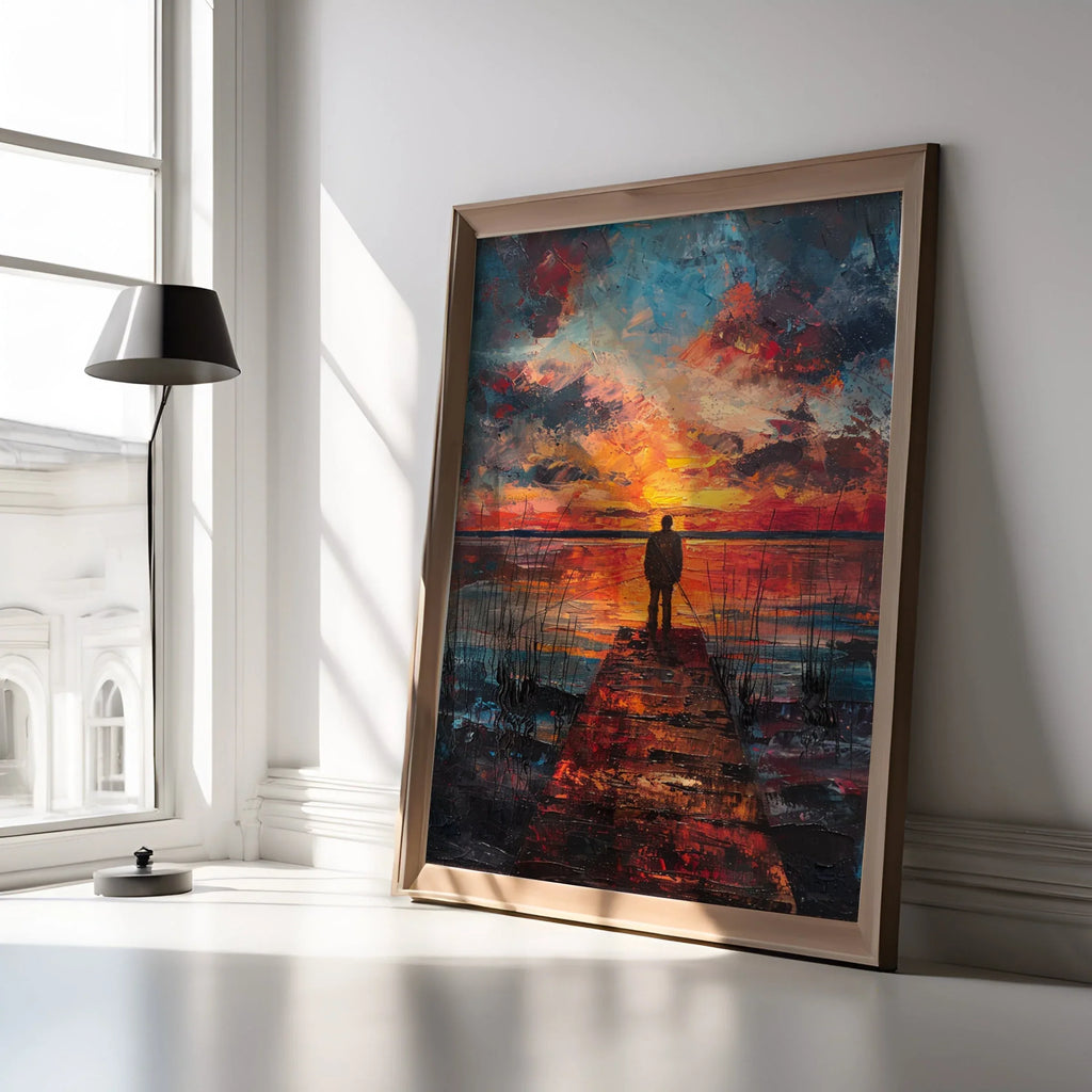 Sunset fisherman wall art – vibrant blue and orange evening dock landscape scene