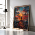 Sunset fisherman wall art – vibrant blue and orange evening dock landscape scene