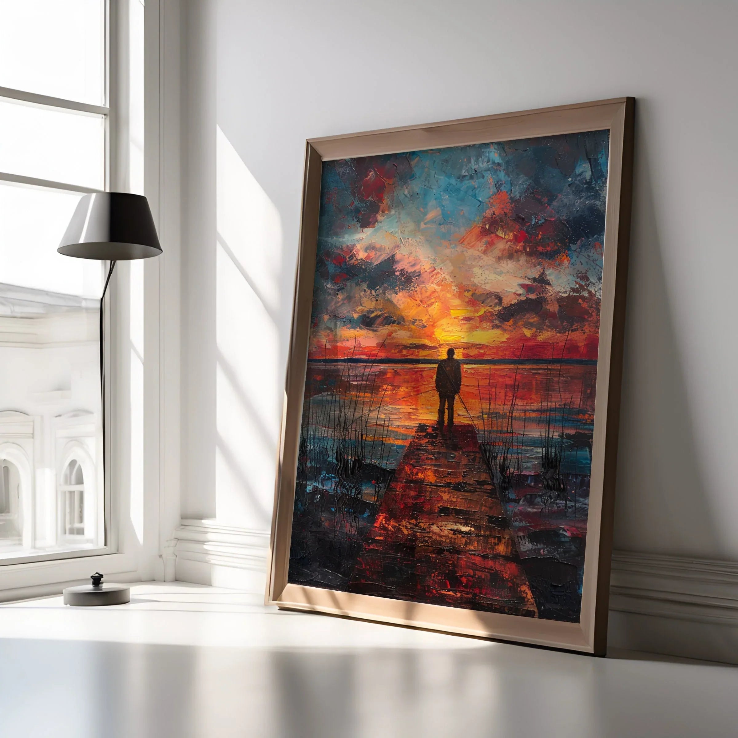 Sunset fisherman wall art – vibrant blue and orange evening dock landscape scene