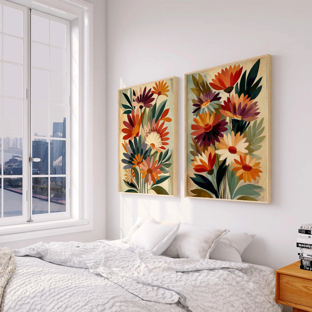 Floral bouquet wall art set of 2 – bold red and purple botanical arrangement on beige