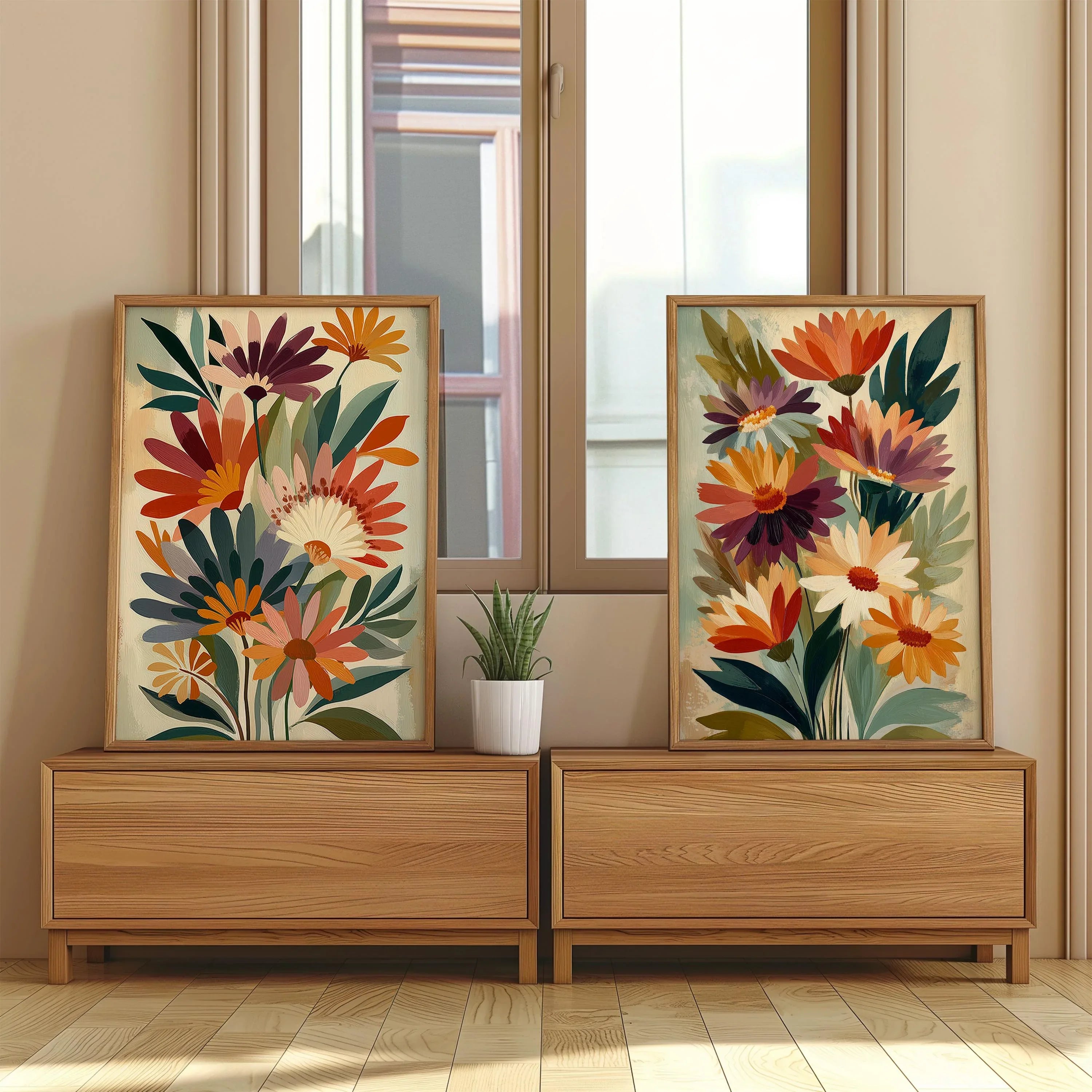 Floral bouquet wall art set of 2 – bold red and purple botanical arrangement on beige