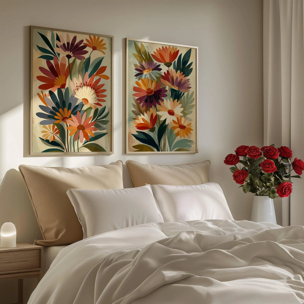 Floral bouquet wall art set of 2 – bold red and purple botanical arrangement on beige