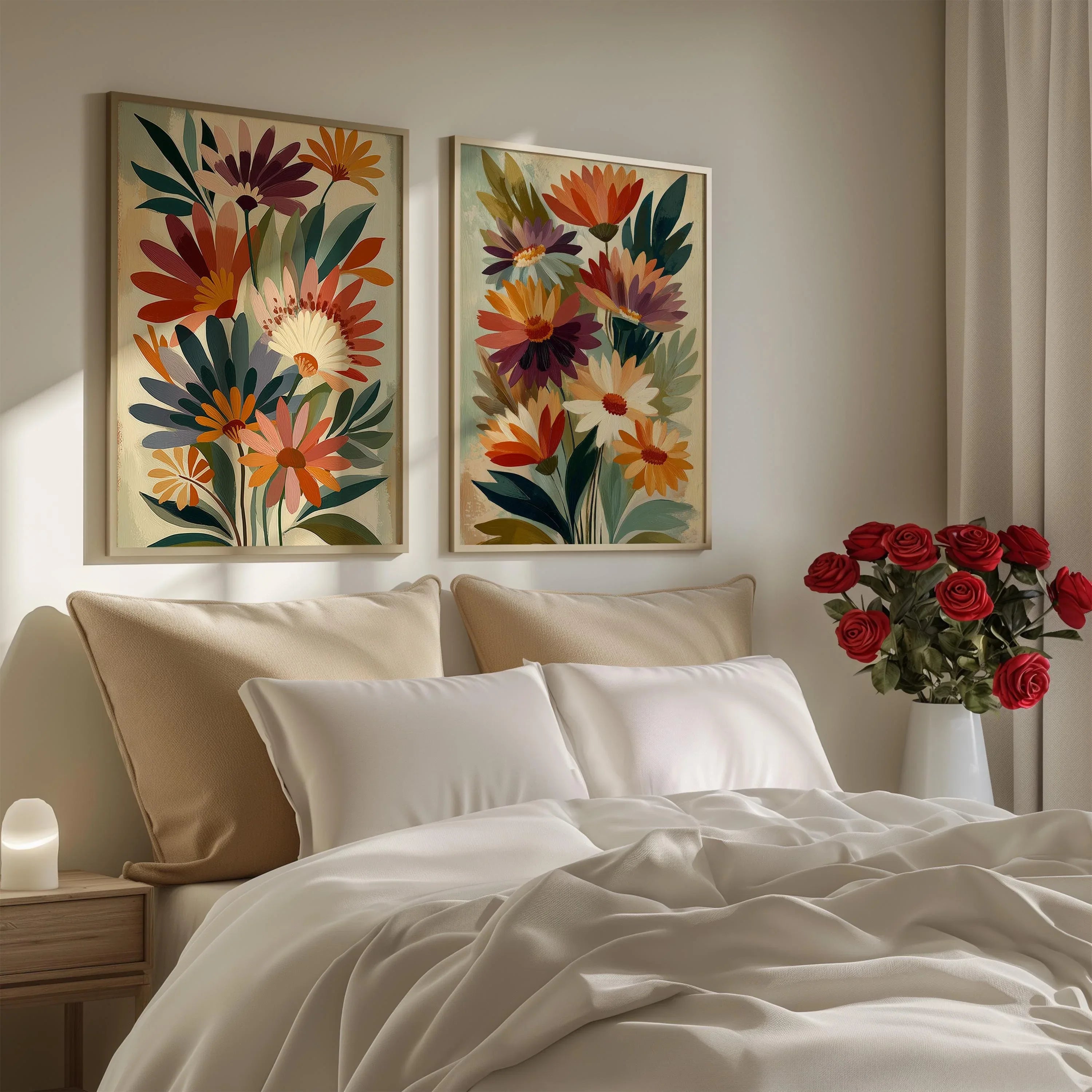 Floral bouquet wall art set of 2 – bold red and purple botanical arrangement on beige