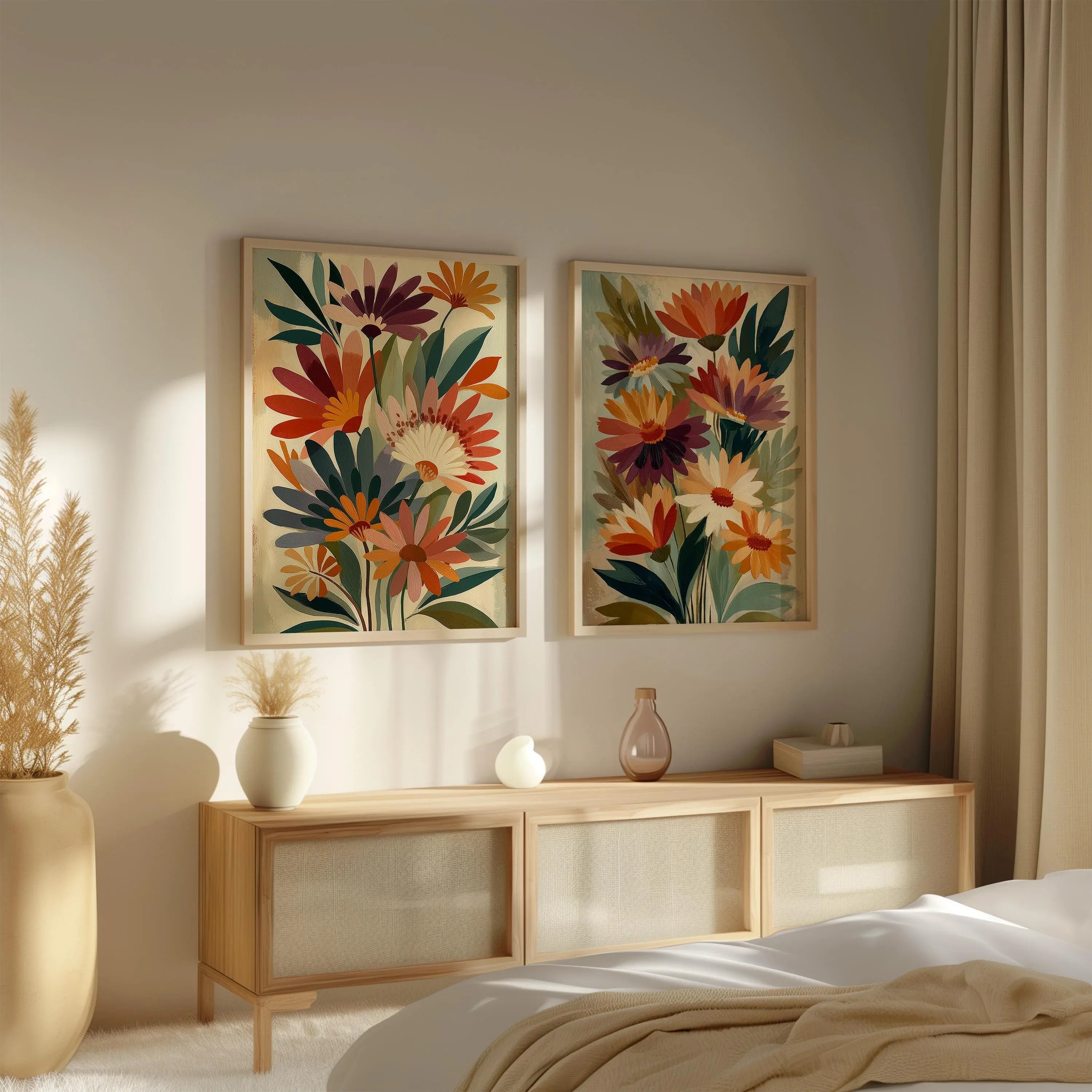 Floral bouquet wall art set of 2 – bold red and purple botanical arrangement on beige