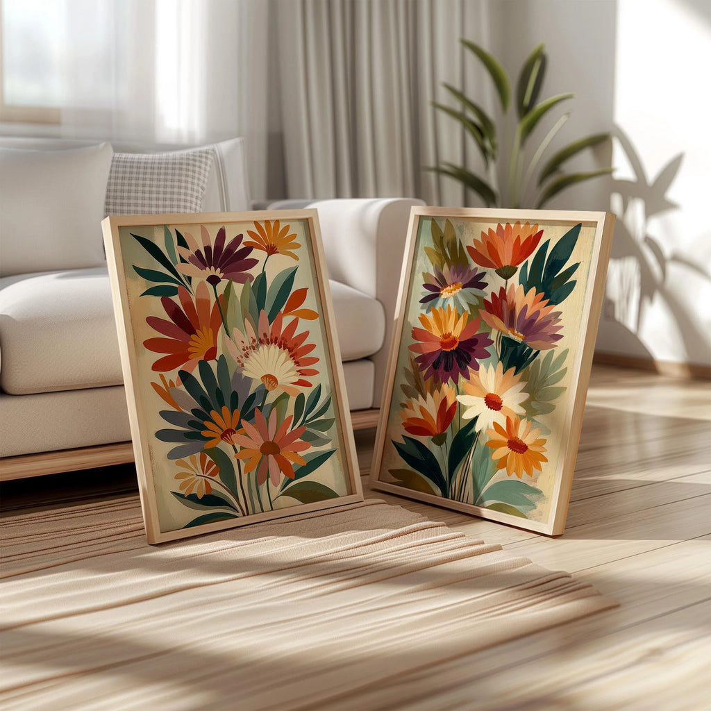Floral bouquet wall art set of 2 – bold red and purple botanical arrangement on beige