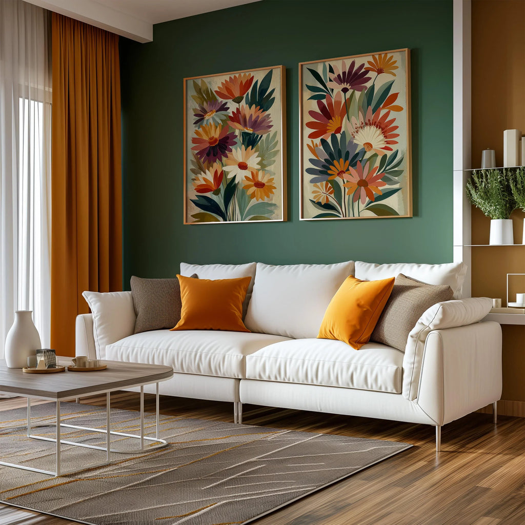 Floral bouquet wall art set of 2 – bold red and purple botanical arrangement on beige