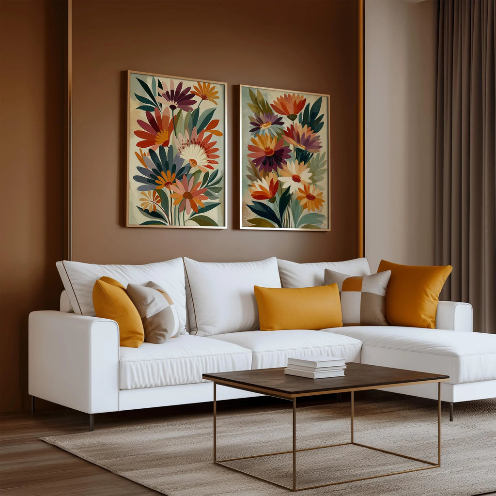 Floral bouquet wall art set of 2 – bold red and purple botanical arrangement on beige