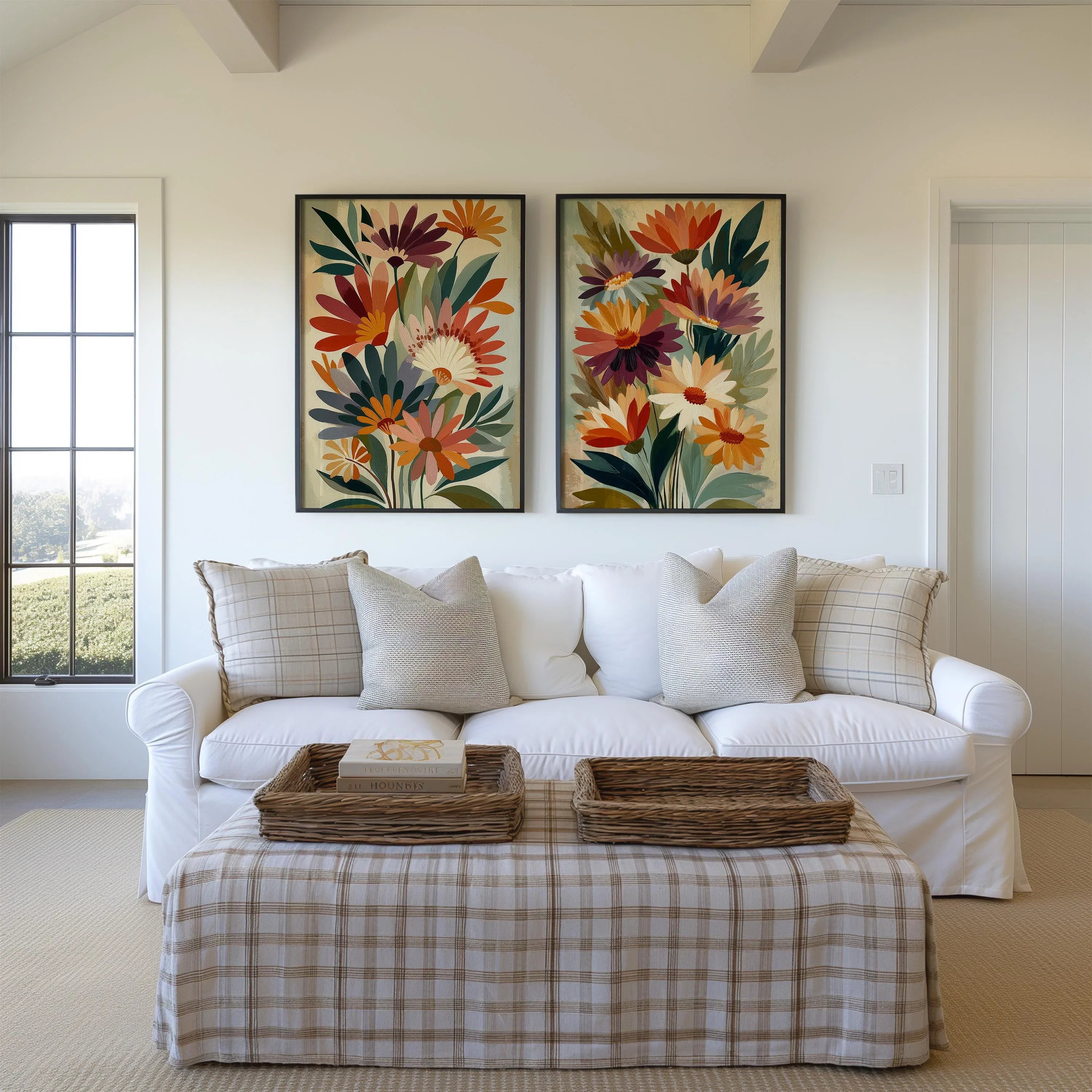 Floral bouquet wall art set of 2 – bold red and purple botanical arrangement on beige