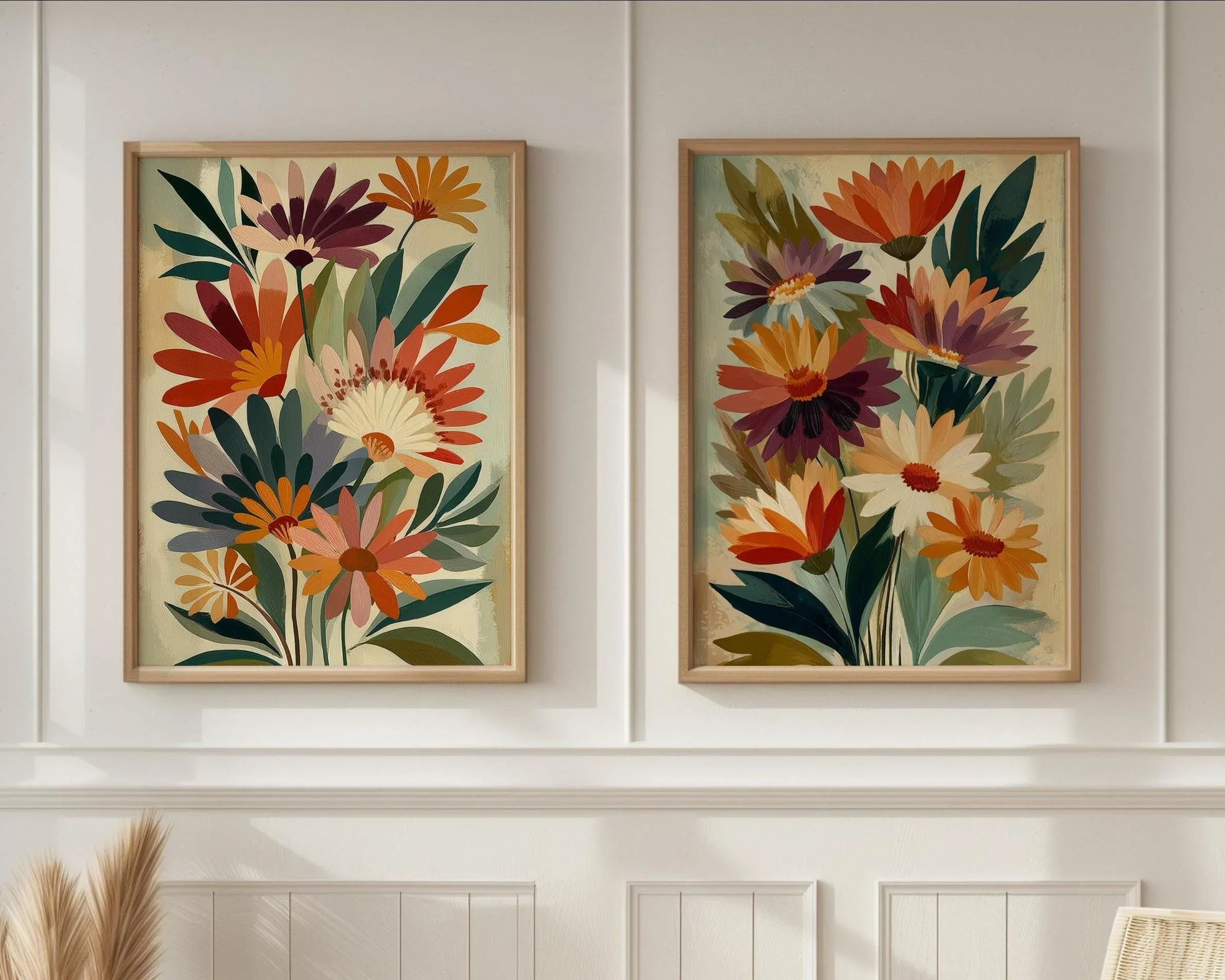 Floral bouquet wall art set of 2 – bold red and purple botanical arrangement on beige