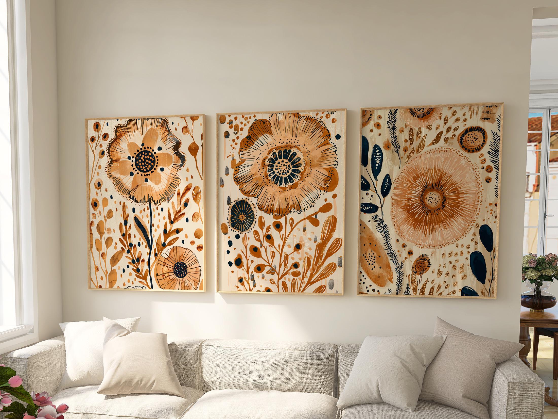 Folk art floral wall art set of 3 – boho cream and orange botanical illustration