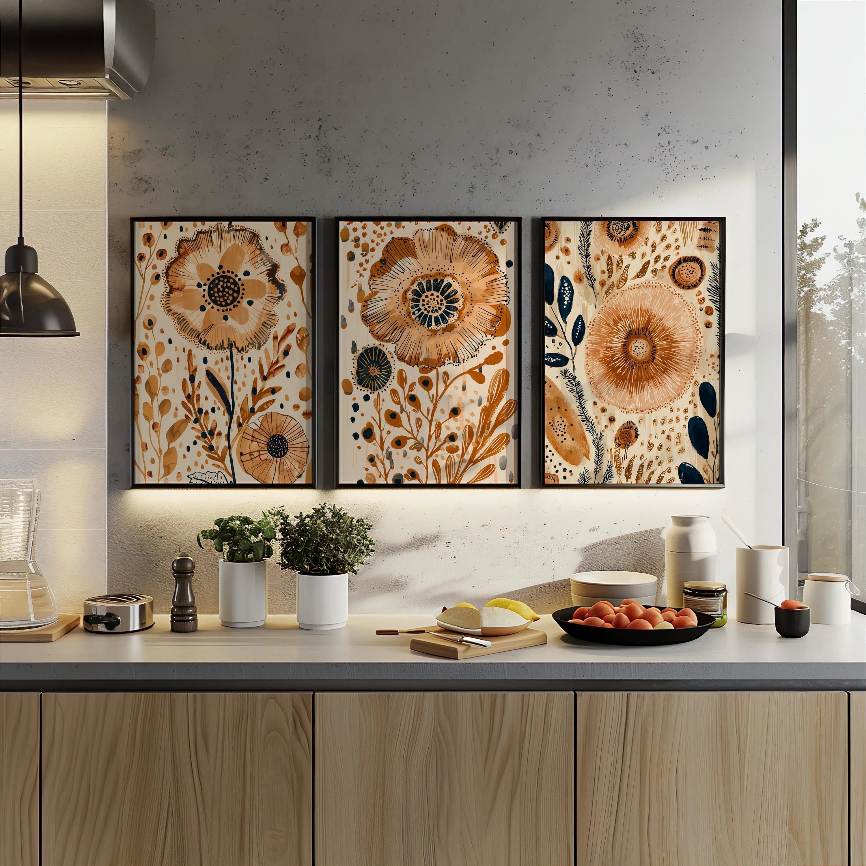 Folk art floral wall art set of 3 – boho cream and orange botanical illustration