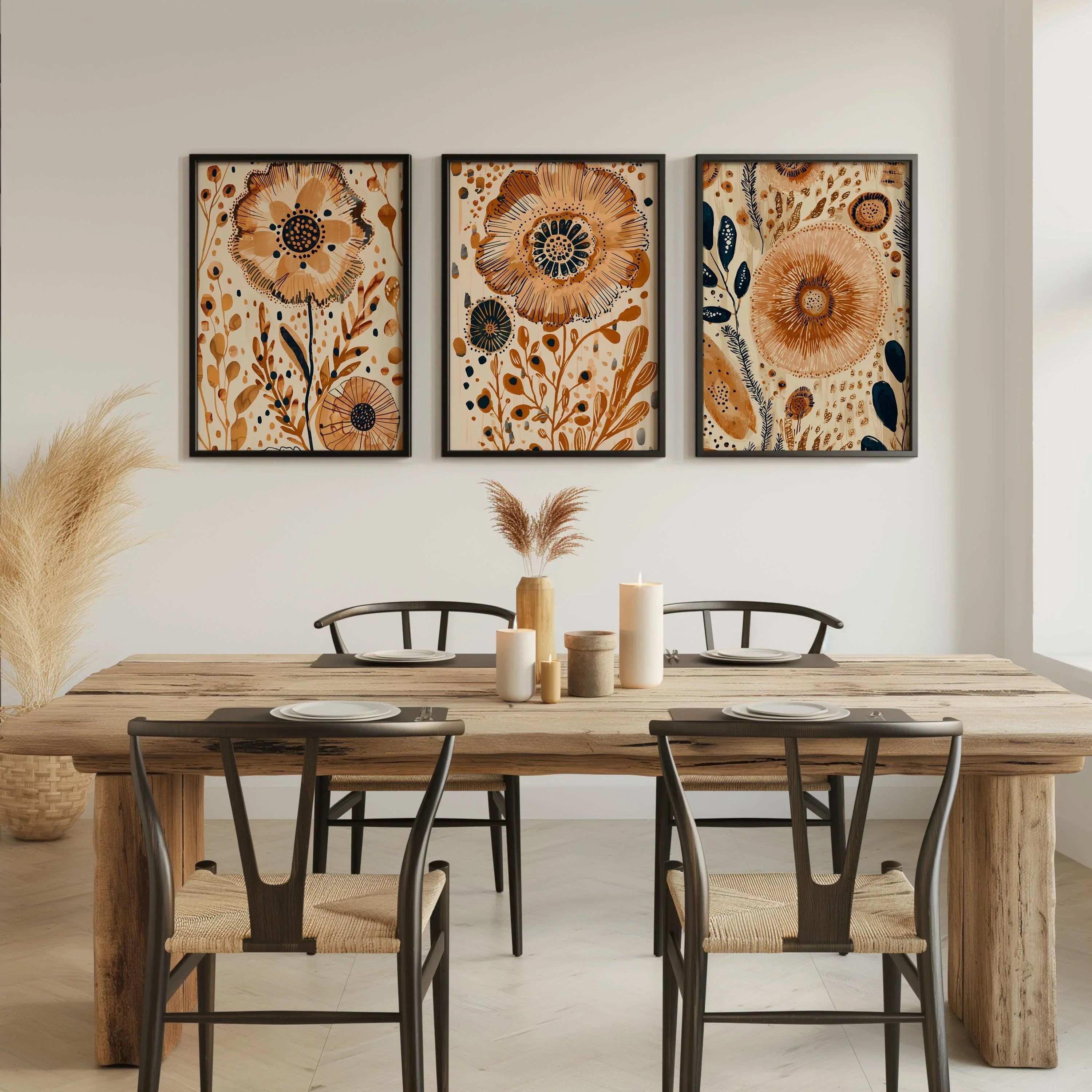 Folk art floral wall art set of 3 – boho cream and orange botanical illustration