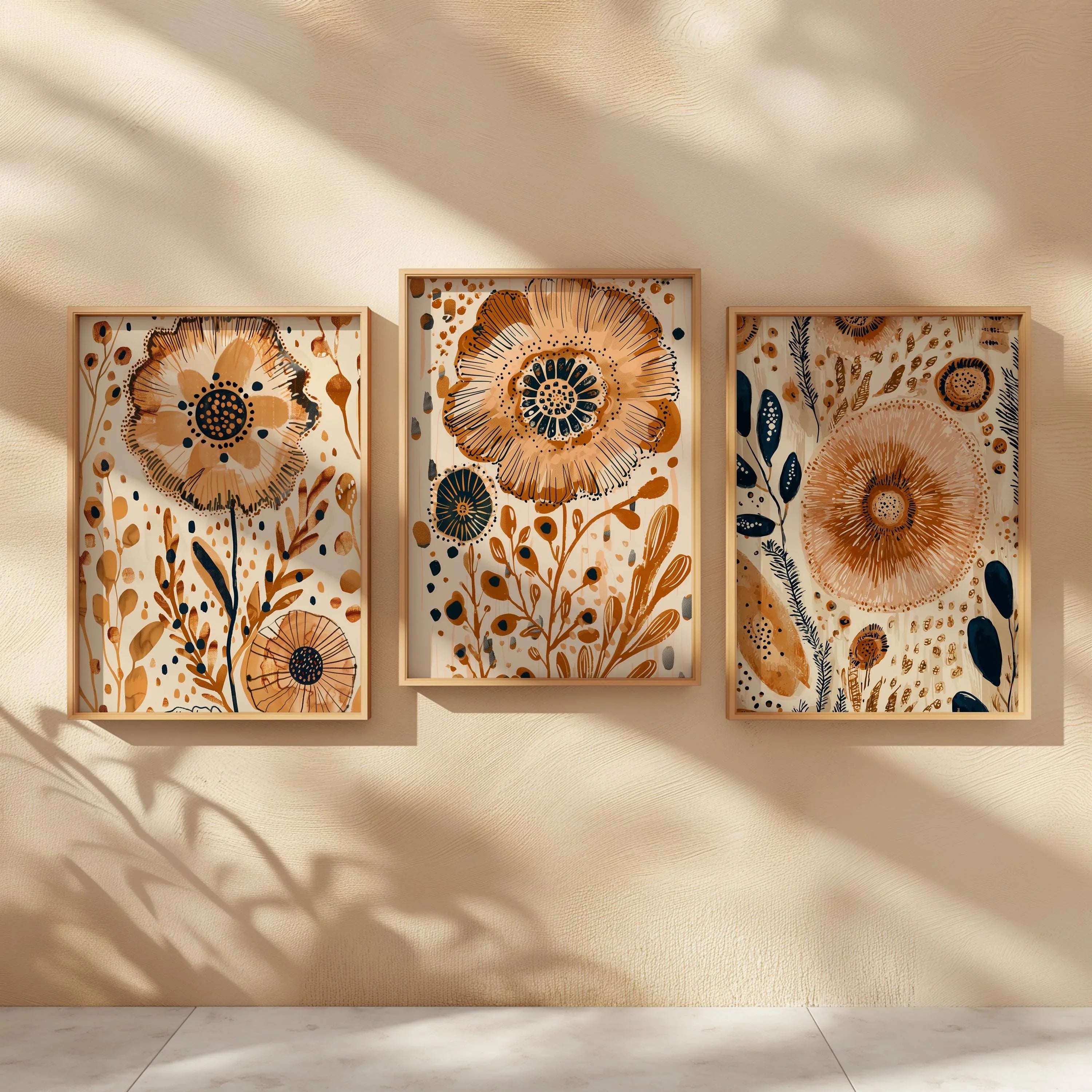 Folk art floral wall art set of 3 – boho cream and orange botanical illustration