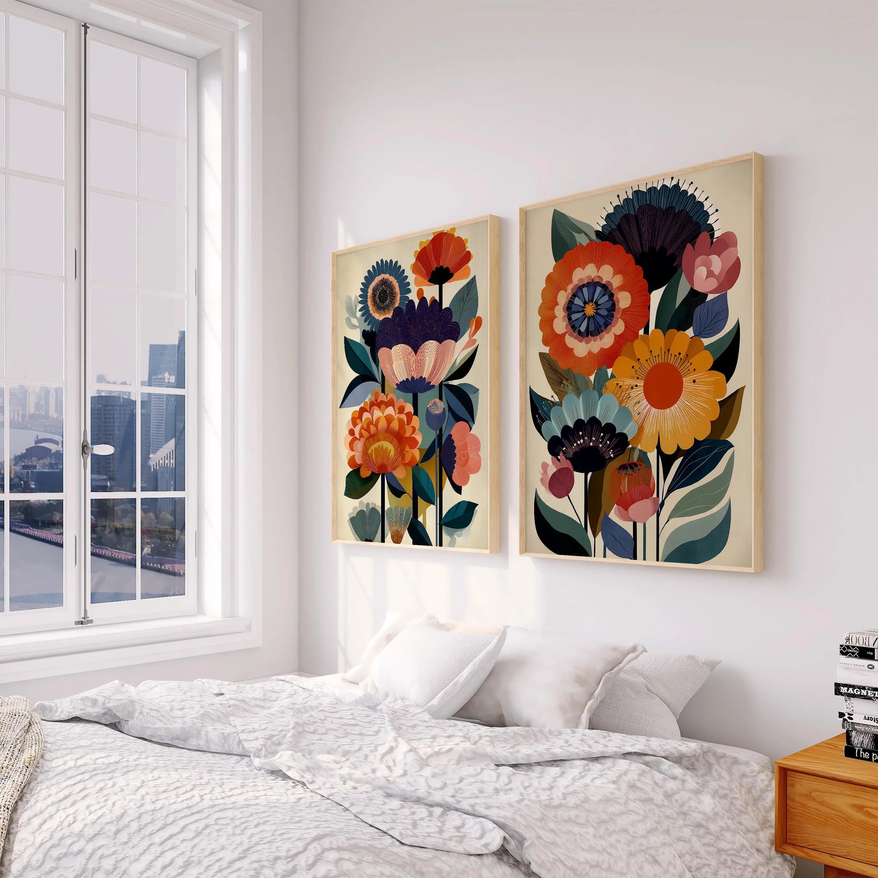 Folk floral Scandinavian wall art set of 2 – bold navy and orange botanical decor