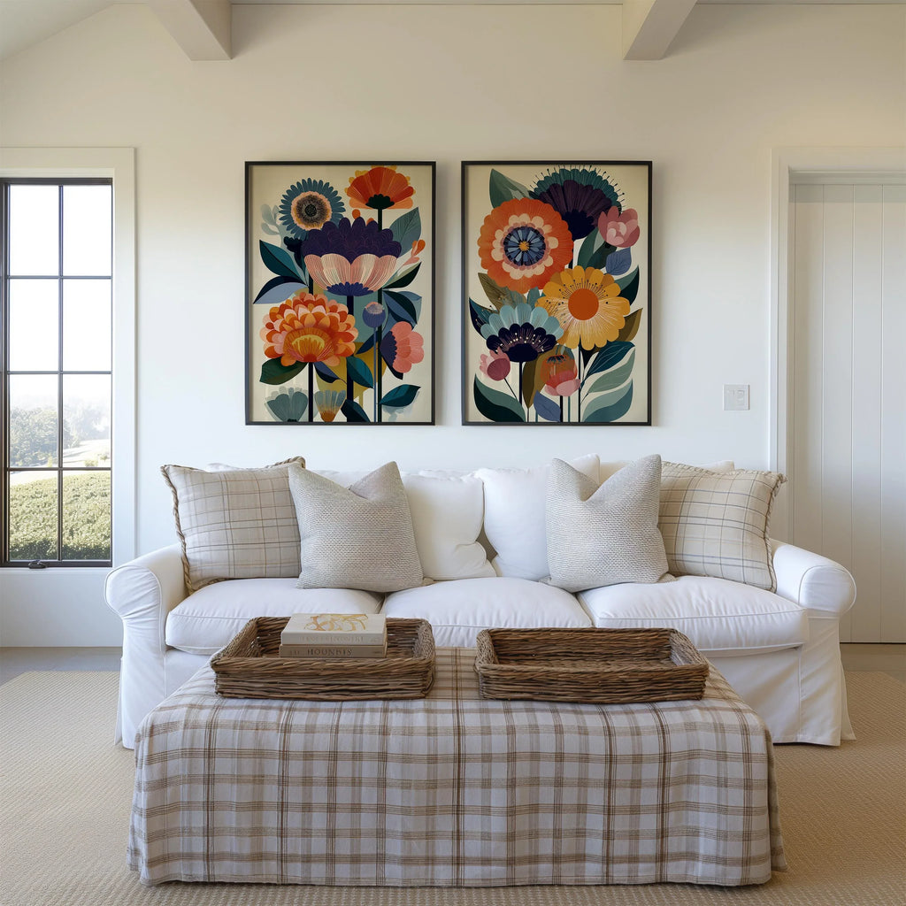 Folk floral Scandinavian wall art set of 2 – bold navy and orange botanical decor