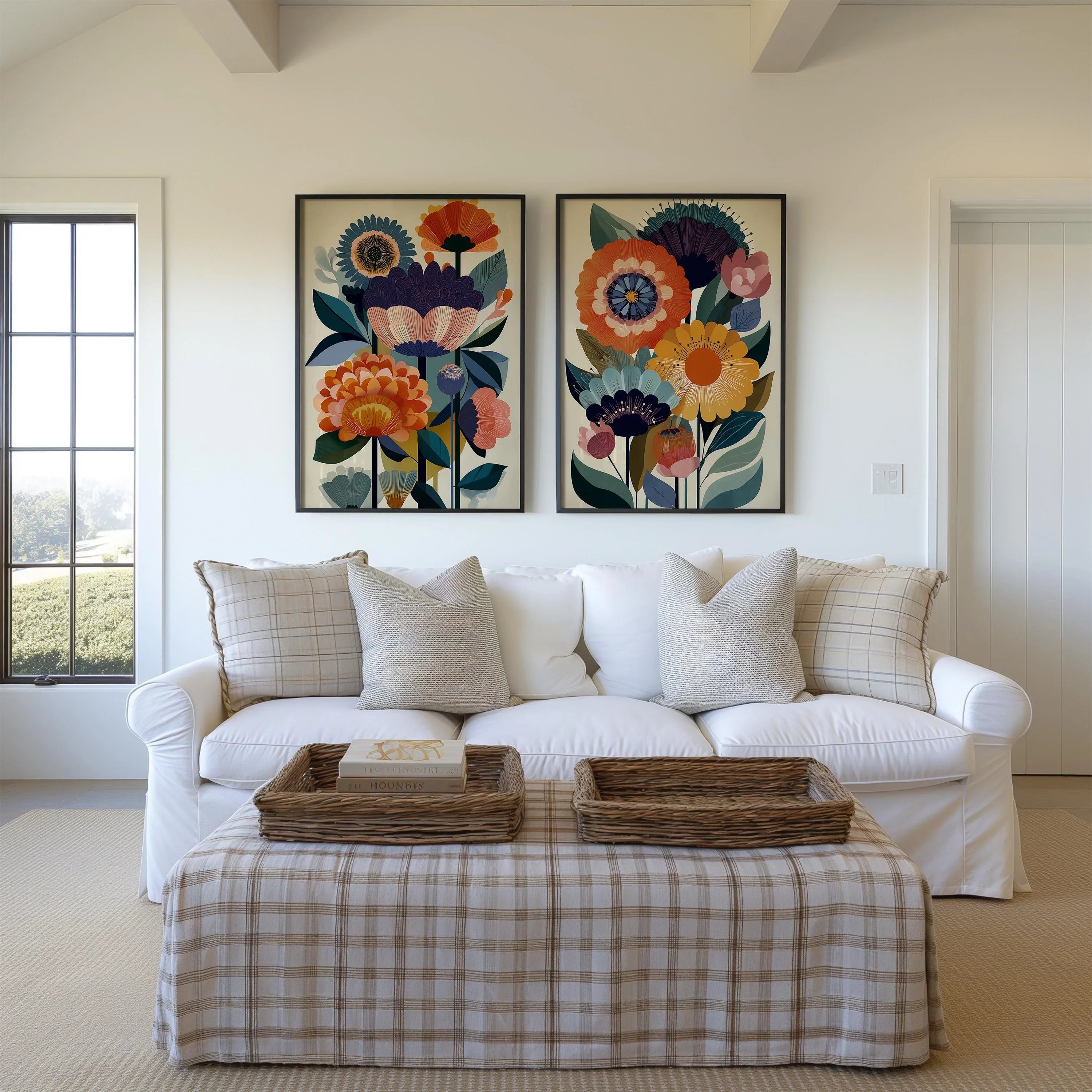 Folk floral Scandinavian wall art set of 2 – bold navy and orange botanical decor