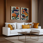 Folk floral Scandinavian wall art set of 2 – bold navy and orange botanical decor