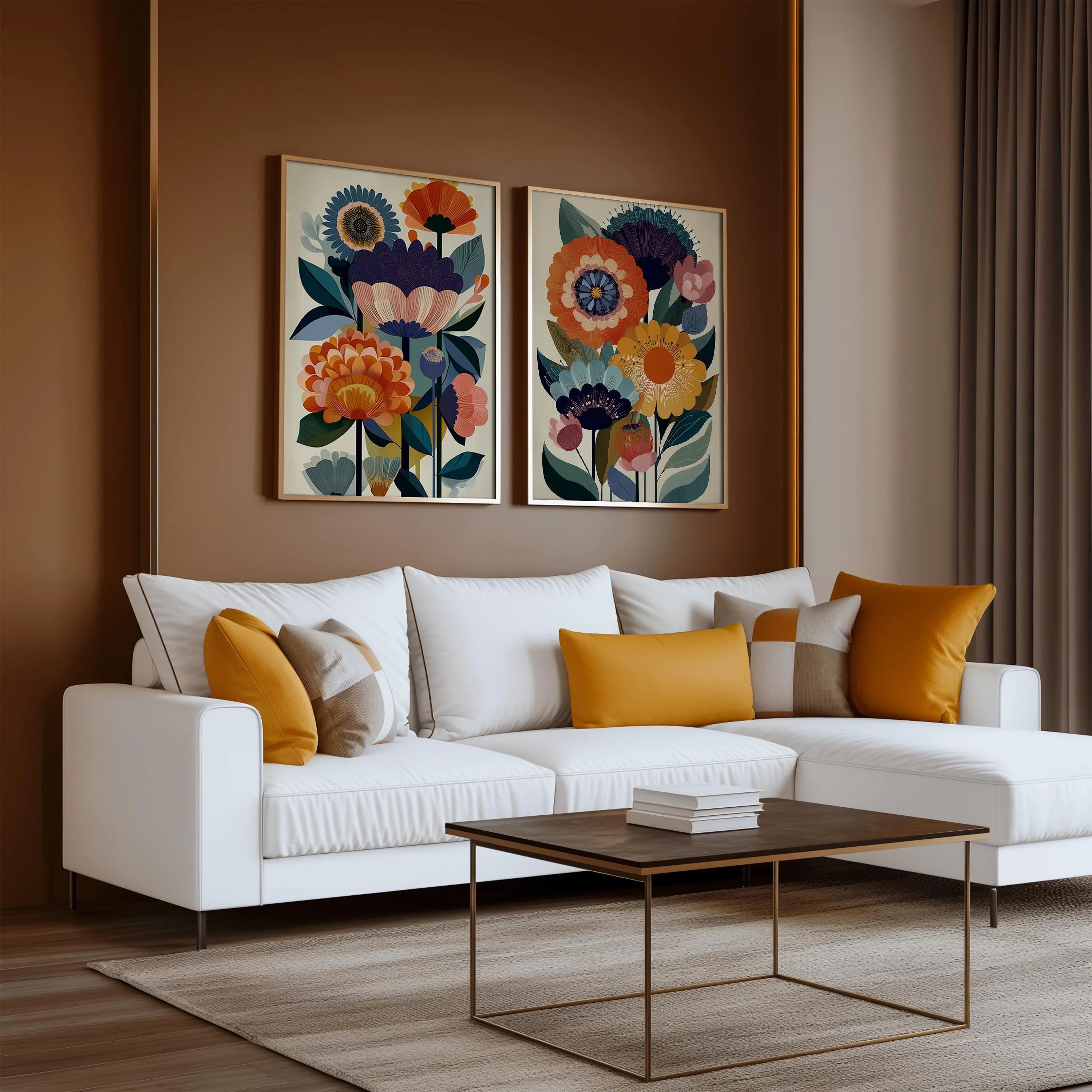 Folk floral Scandinavian wall art set of 2 – bold navy and orange botanical decor