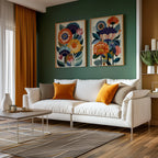 Folk floral Scandinavian wall art set of 2 – bold navy and orange botanical decor