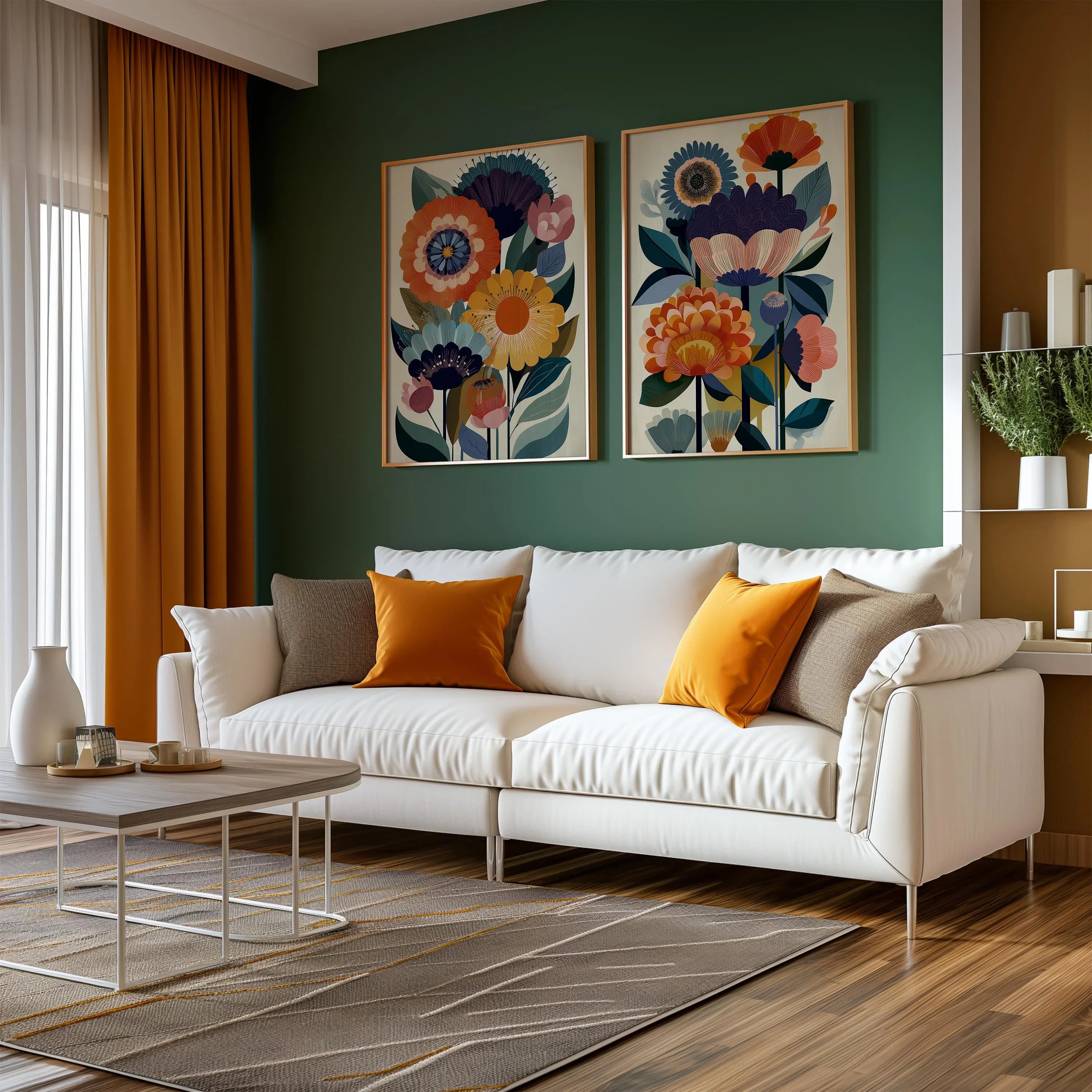 Folk floral Scandinavian wall art set of 2 – bold navy and orange botanical decor