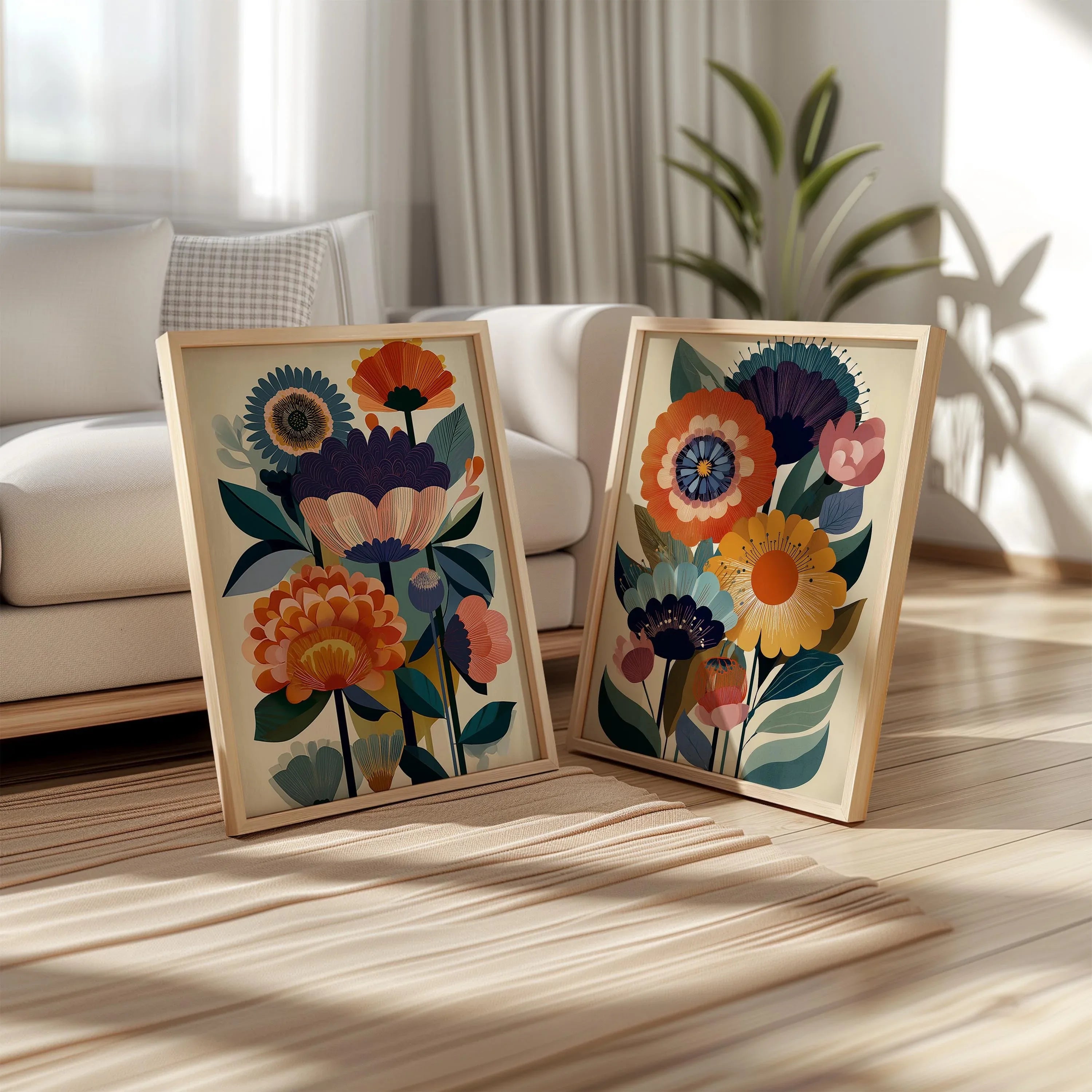 Folk floral Scandinavian wall art set of 2 – bold navy and orange botanical decor