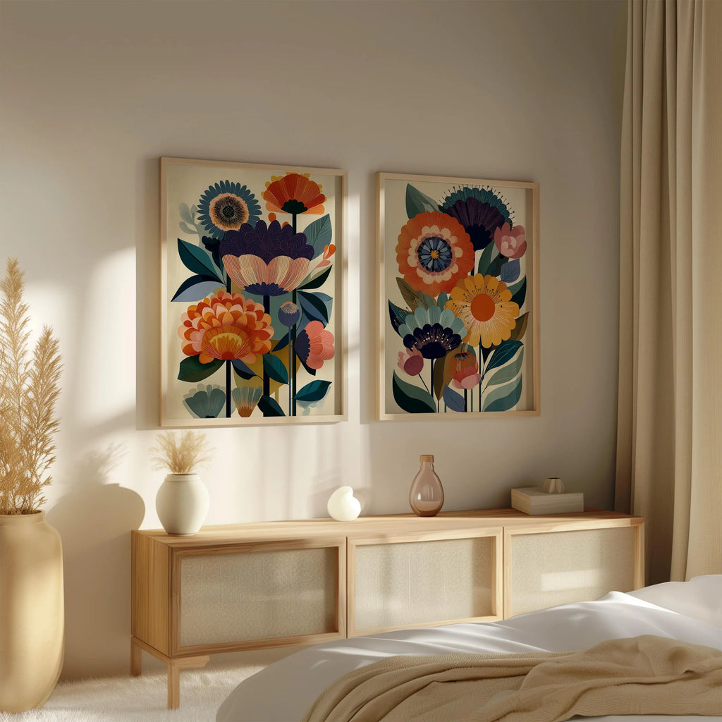 Folk floral Scandinavian wall art set of 2 – bold navy and orange botanical decor