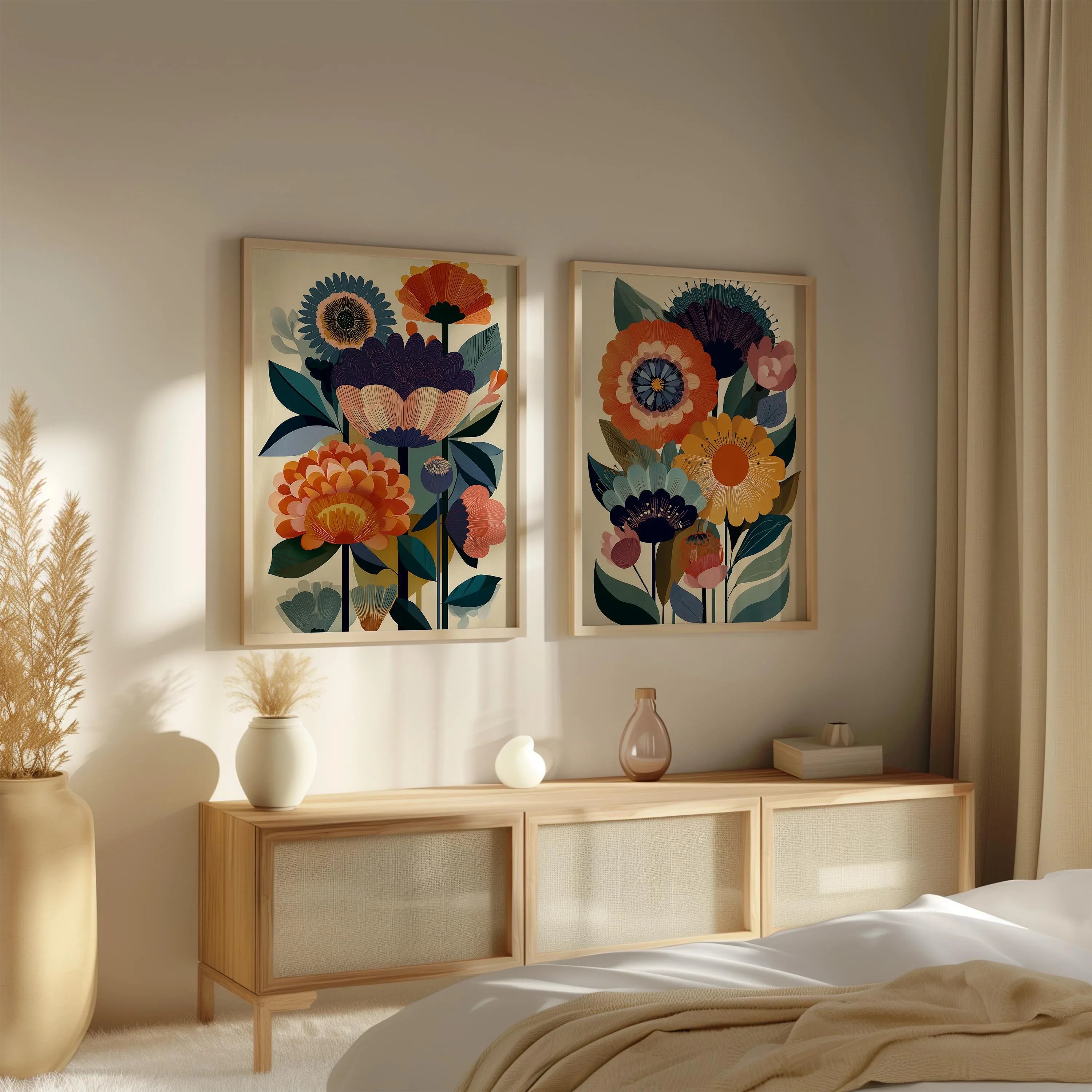 Folk floral Scandinavian wall art set of 2 – bold navy and orange botanical decor