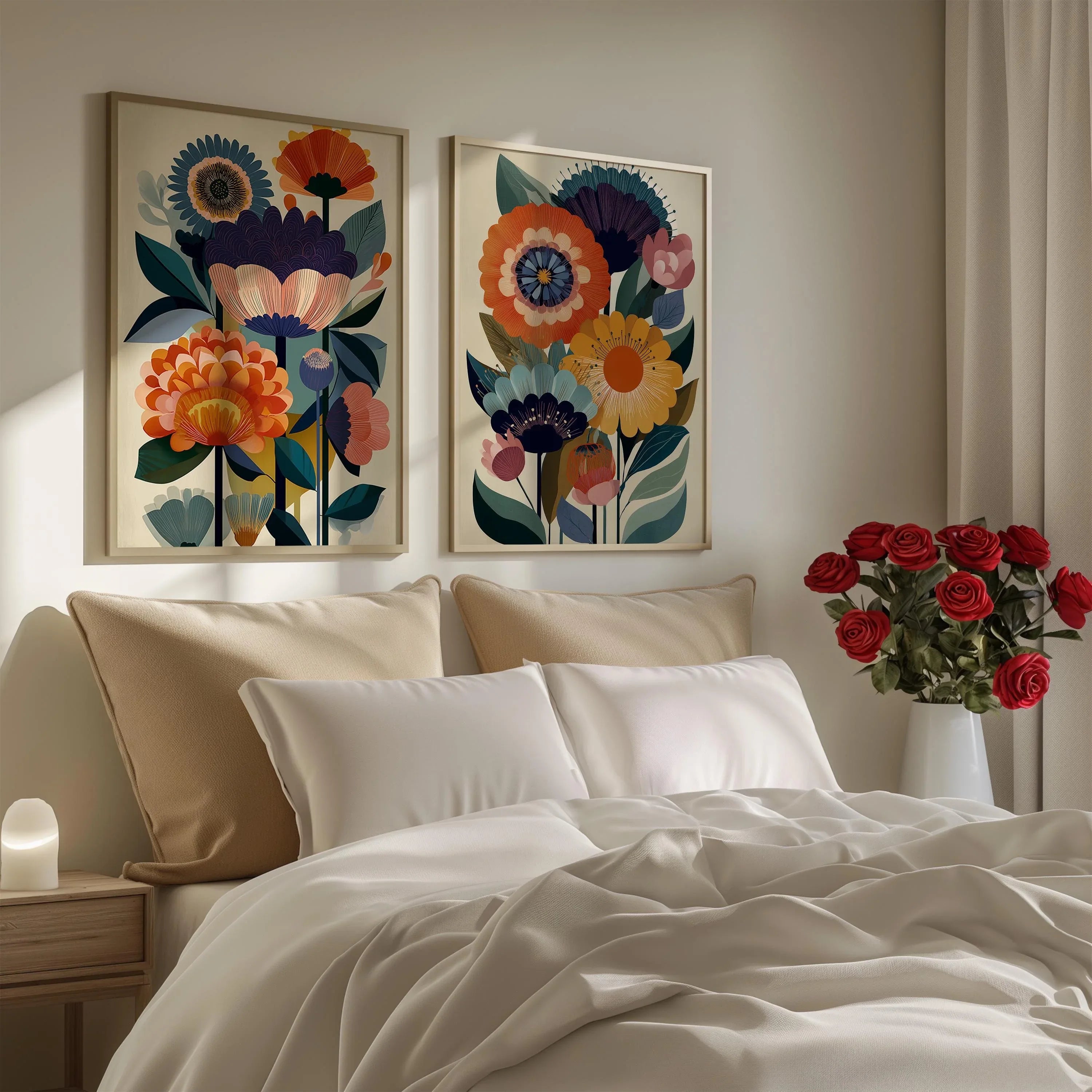 Folk floral Scandinavian wall art set of 2 – bold navy and orange botanical decor