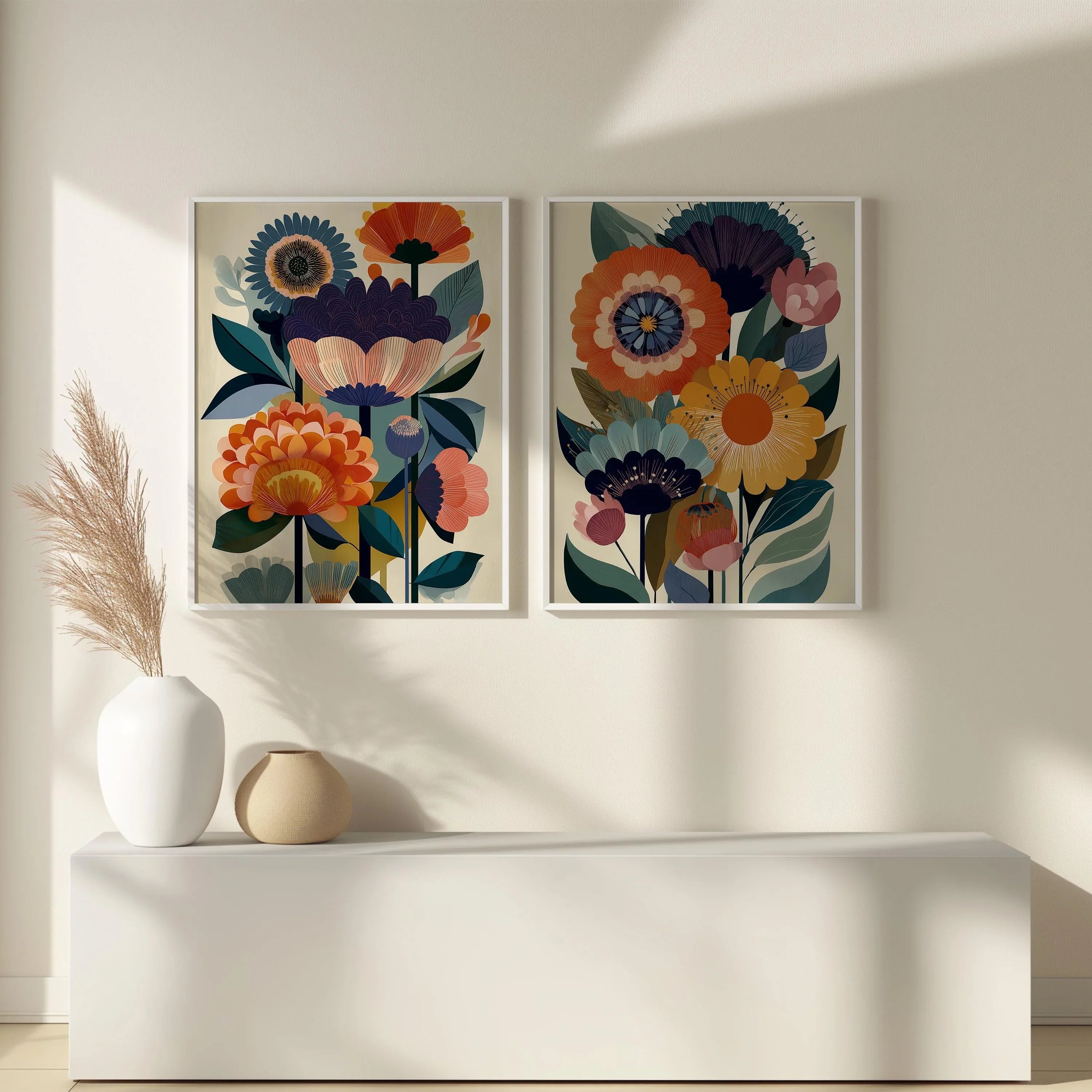 Folk floral Scandinavian wall art set of 2 – bold navy and orange botanical decor