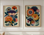 Folk floral Scandinavian wall art set of 2 – bold navy and orange botanical decor