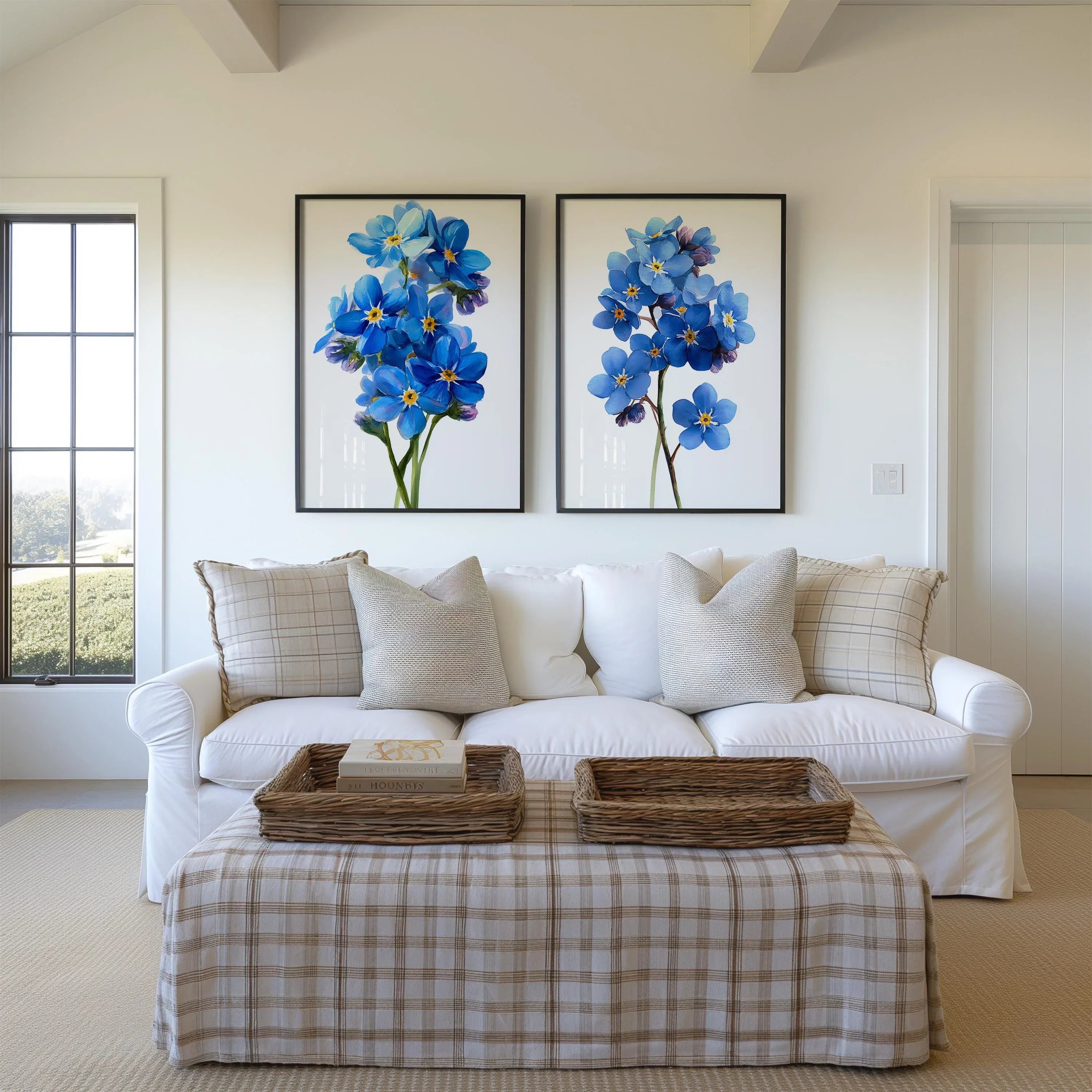 Forget me not botanical wall art set of 2 – delicate blue wildflowers on light background
