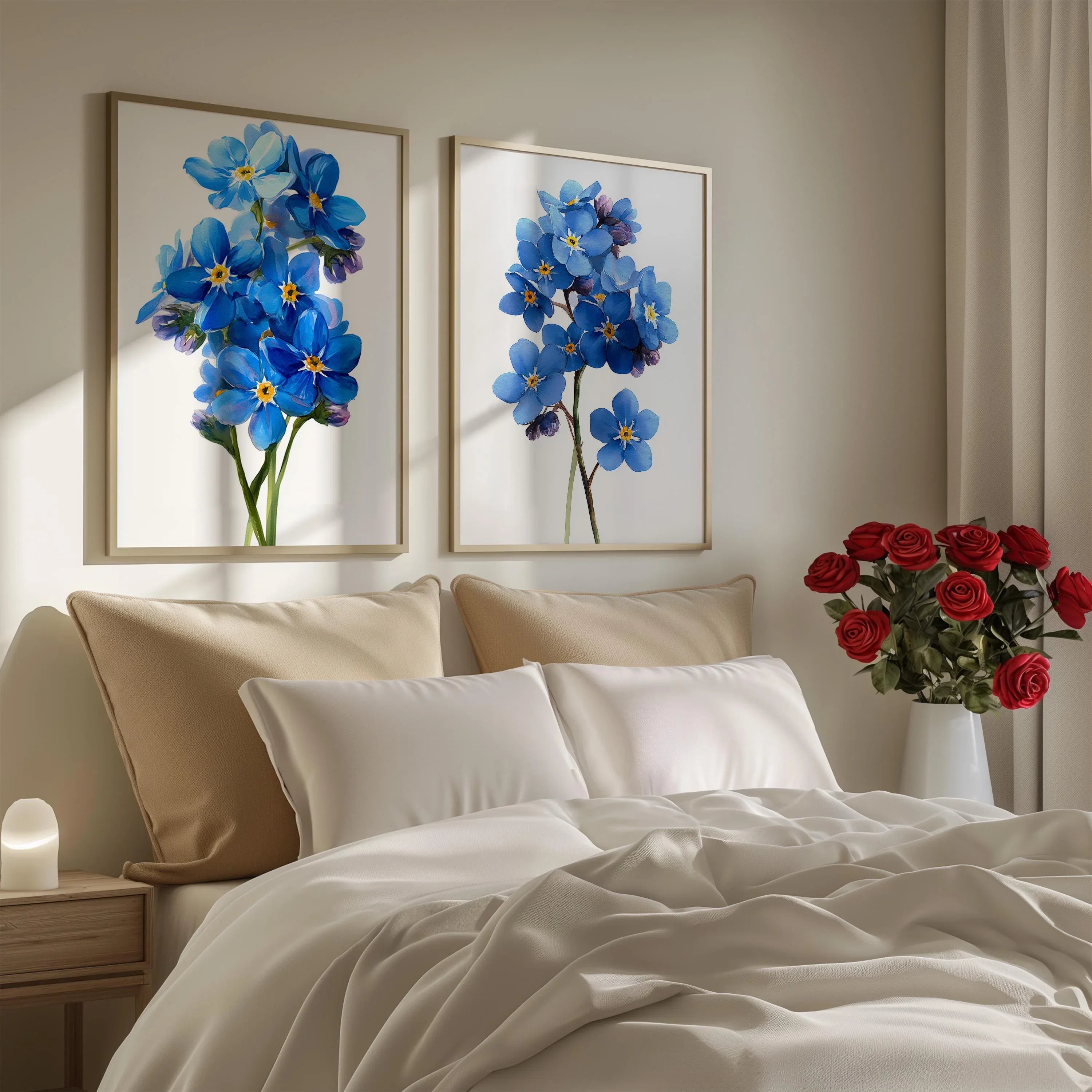 Forget me not botanical wall art set of 2 – delicate blue wildflowers on light background