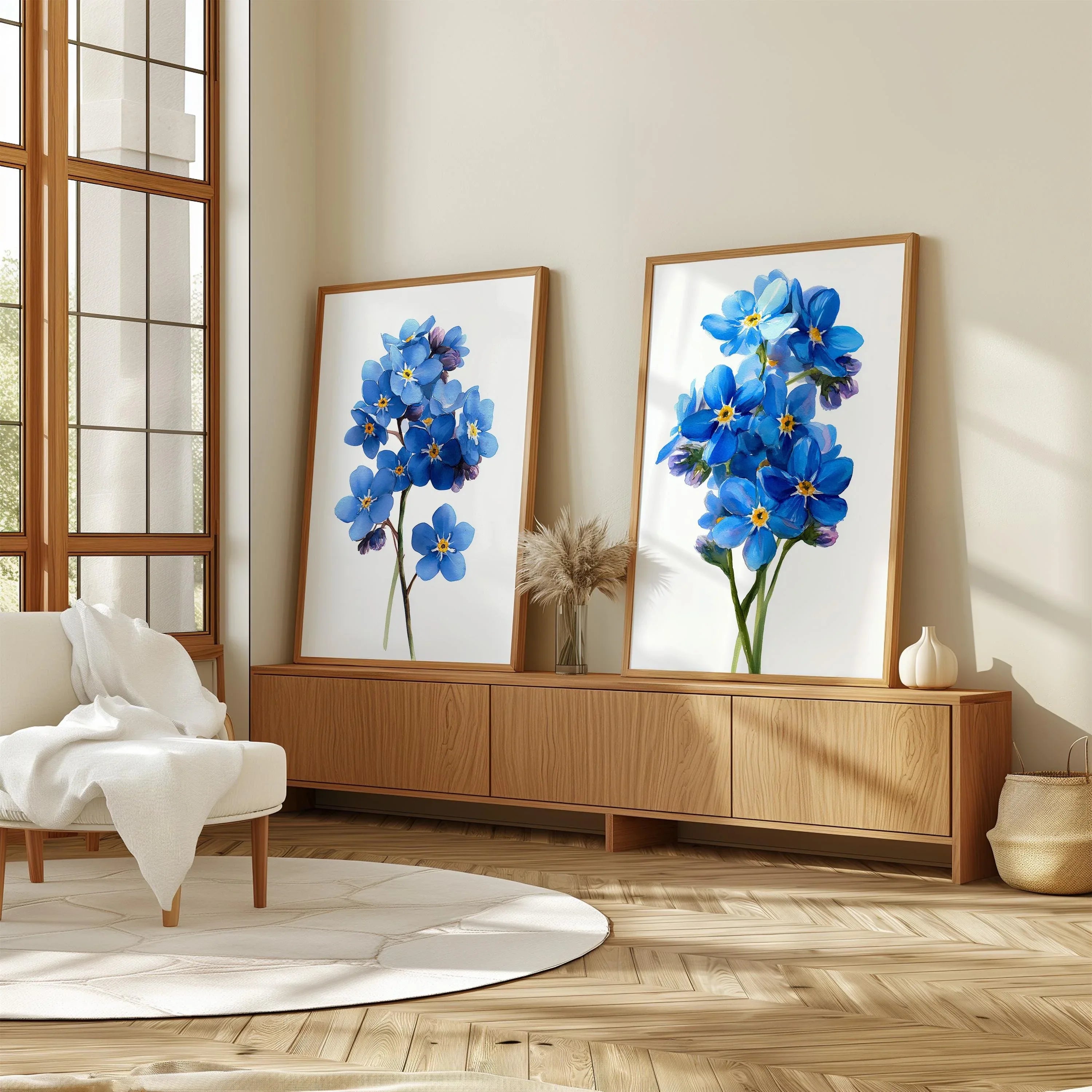 Forget me not botanical wall art set of 2 – delicate blue wildflowers on light background