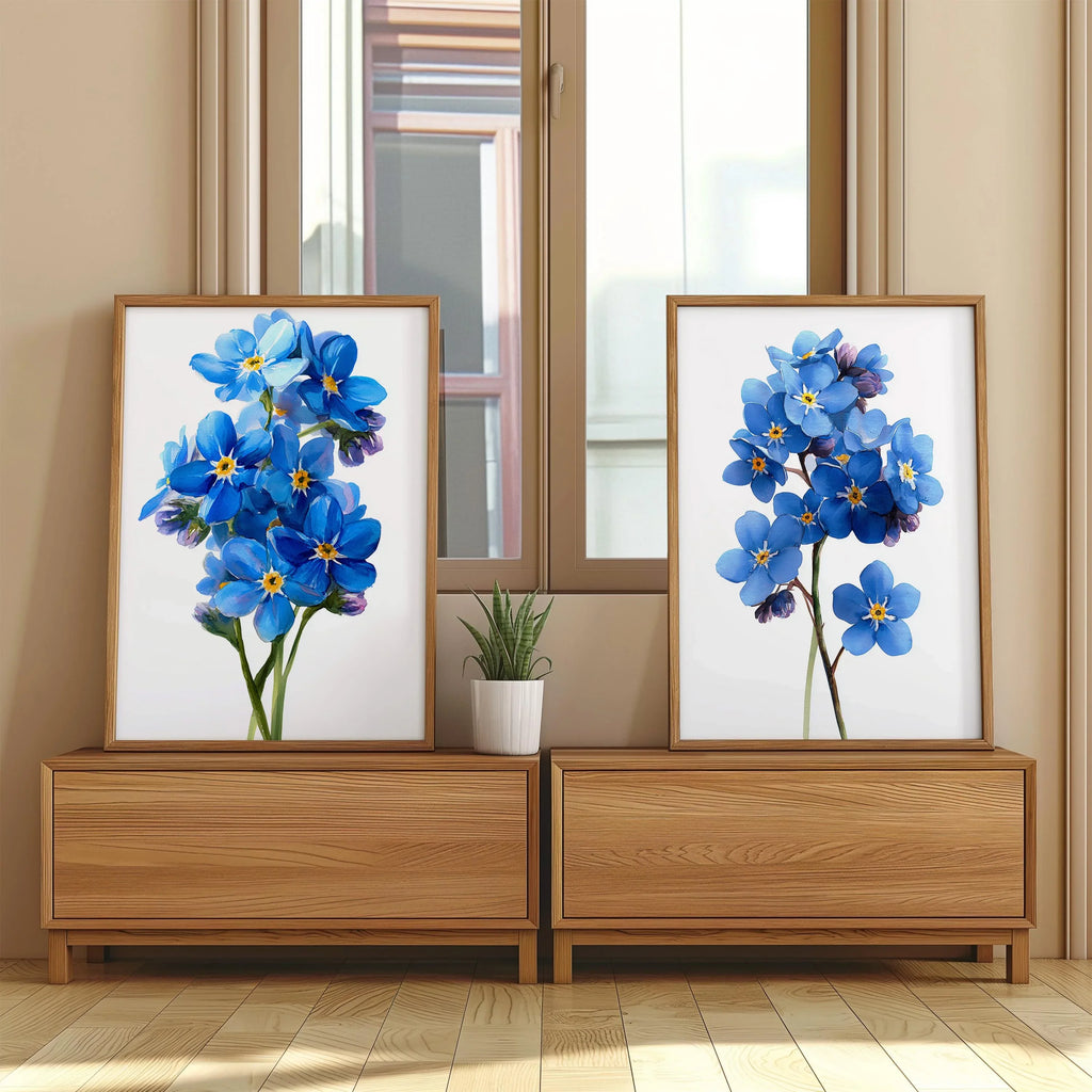 Forget me not botanical wall art set of 2 – delicate blue wildflowers on light background