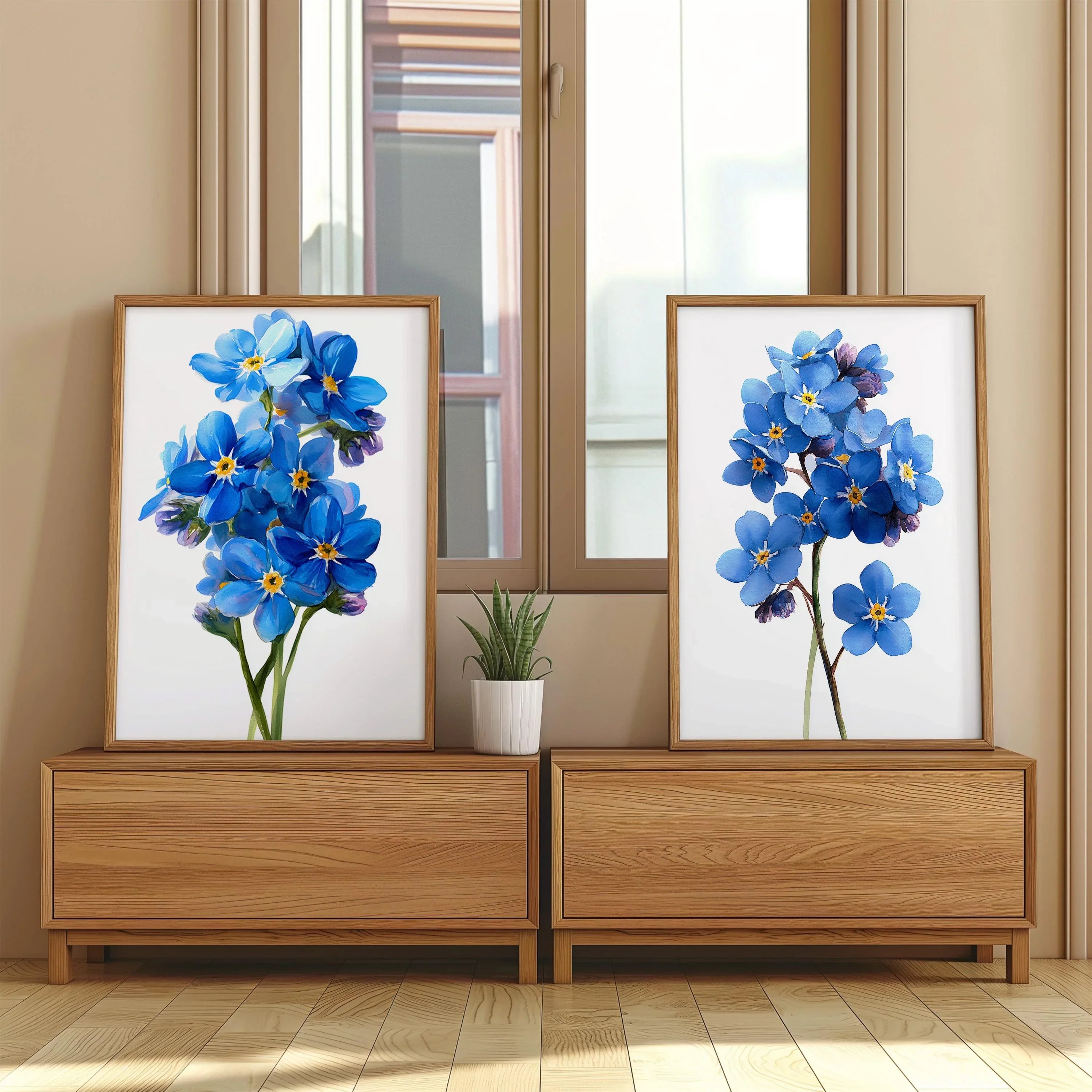 Forget me not botanical wall art set of 2 – delicate blue wildflowers on light background