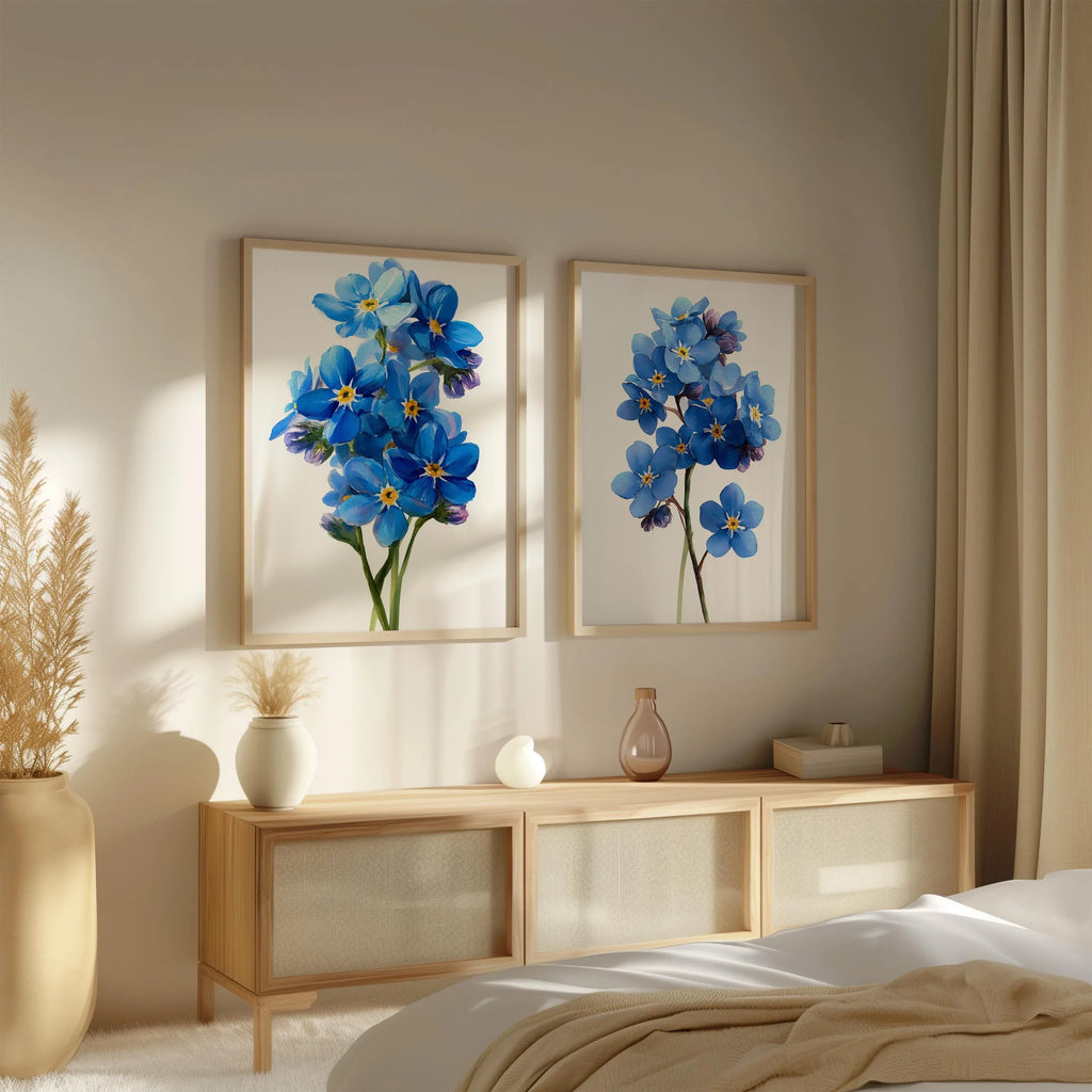 Forget me not botanical wall art set of 2 – delicate blue wildflowers on light background