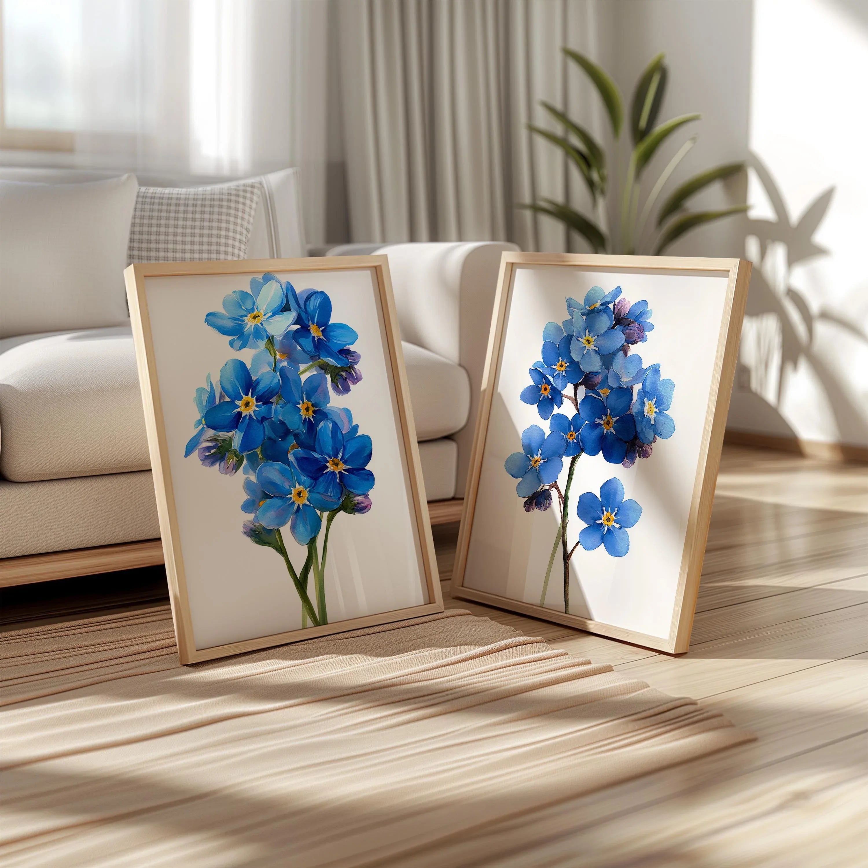 Forget me not botanical wall art set of 2 – delicate blue wildflowers on light background