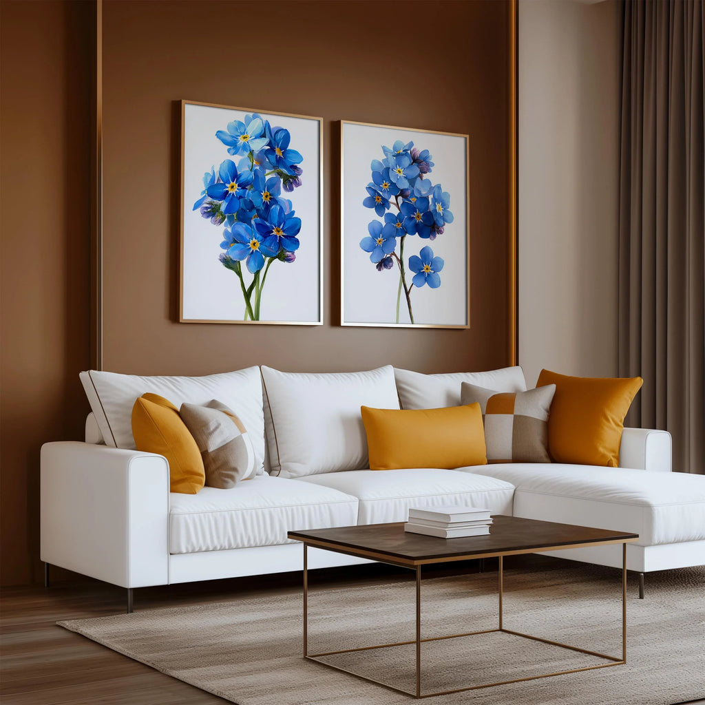 Forget me not botanical wall art set of 2 – delicate blue wildflowers on light background