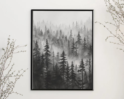 Black and white foggy forest wall art – elegant pine tree landscape in grey mist