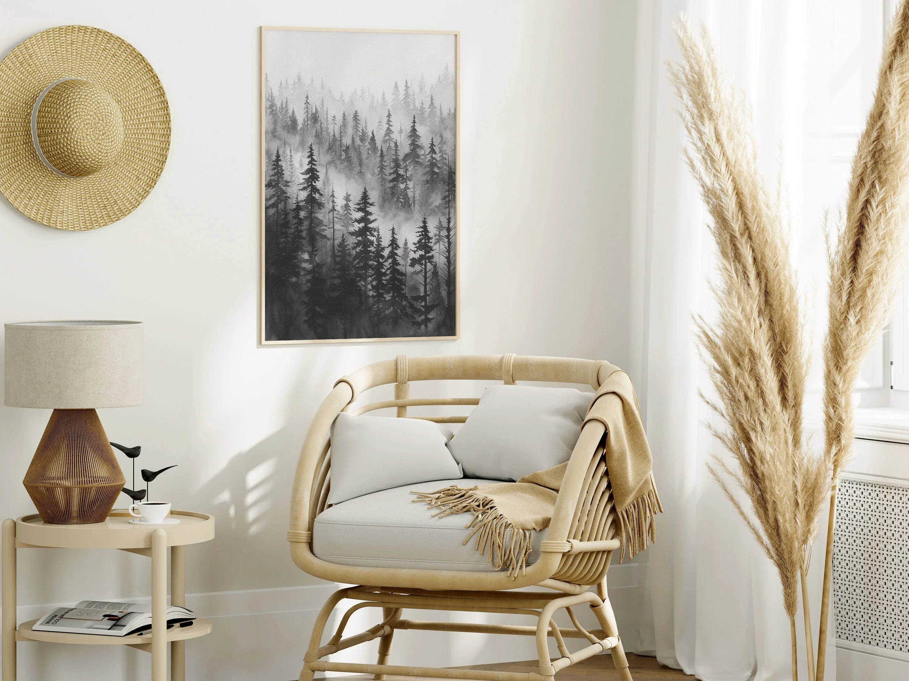 Black and white foggy forest wall art – elegant pine tree landscape in grey mist