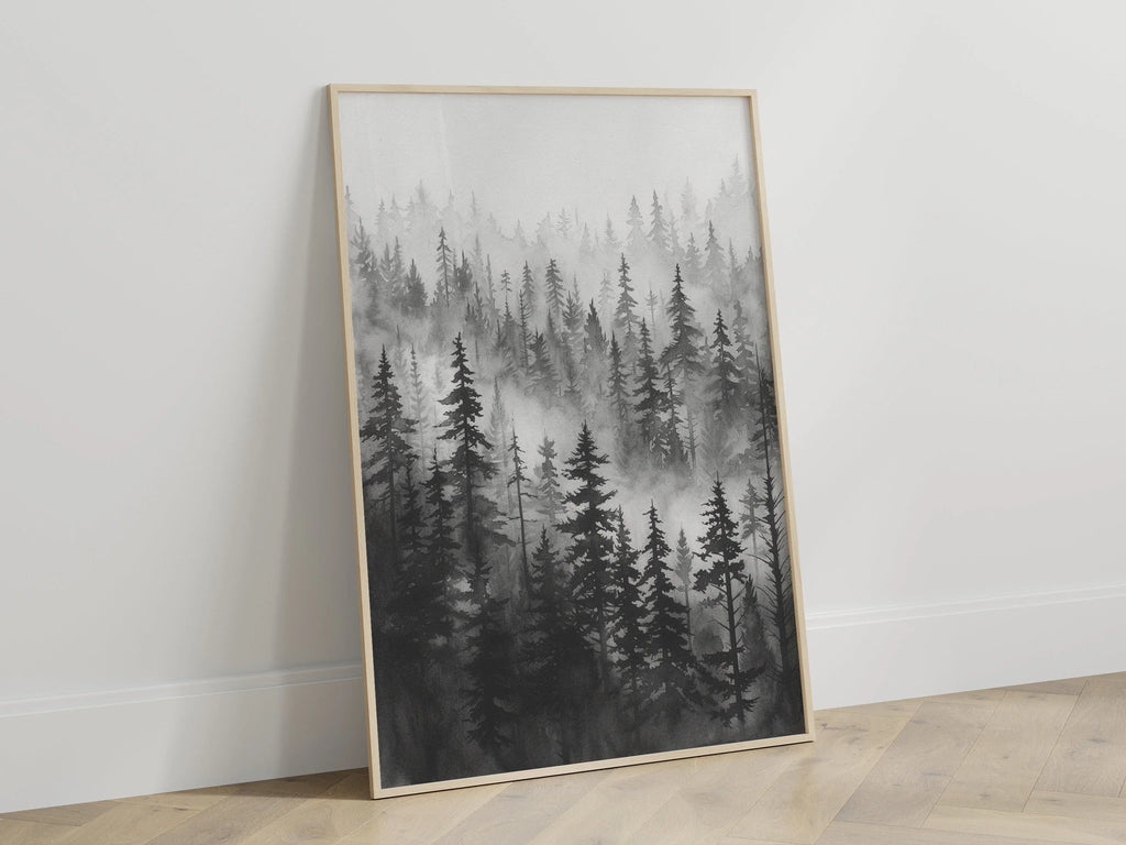 Black and white foggy forest wall art – elegant pine tree landscape in grey mist