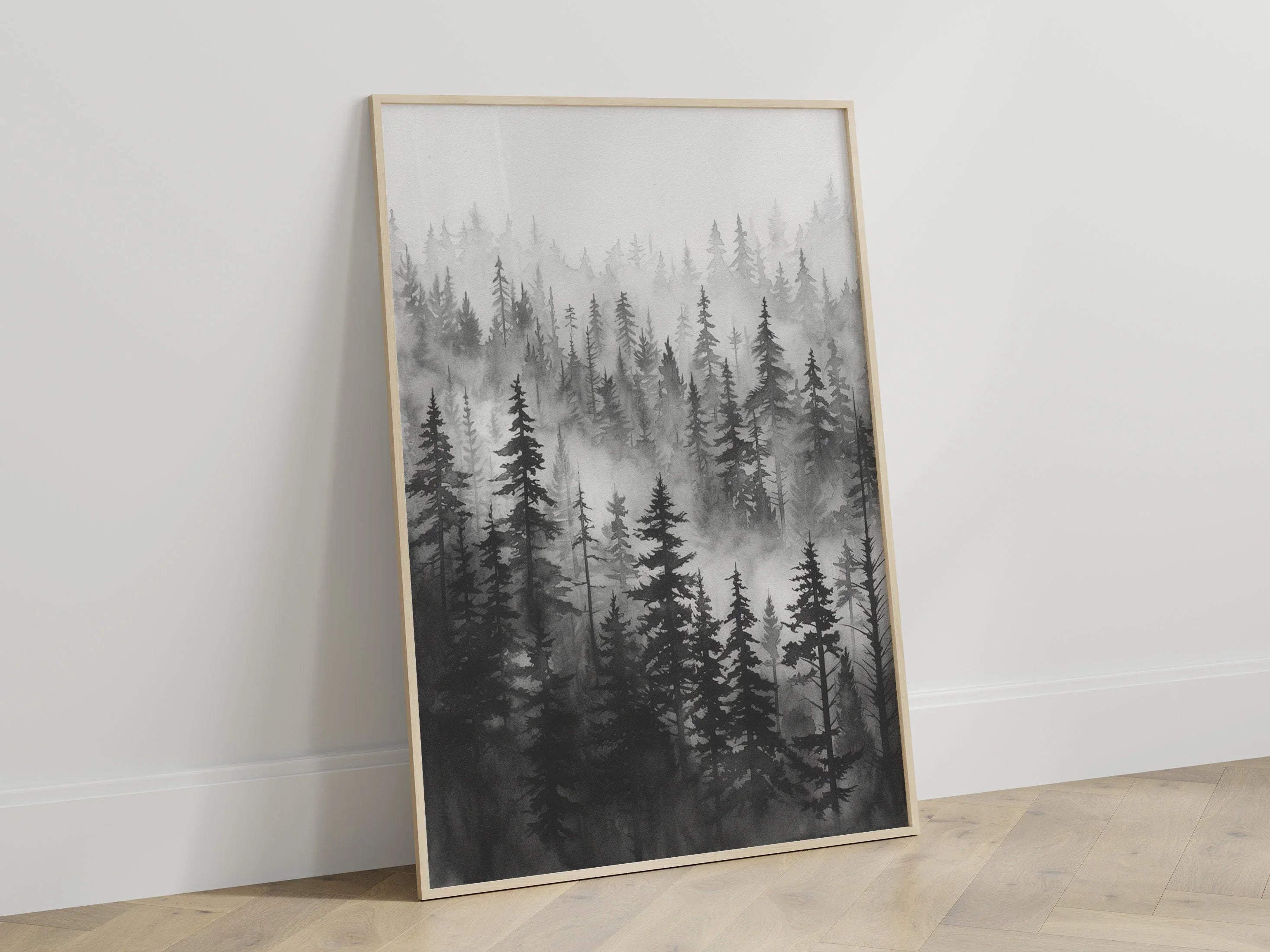 Black and white foggy forest wall art – elegant pine tree landscape in grey mist