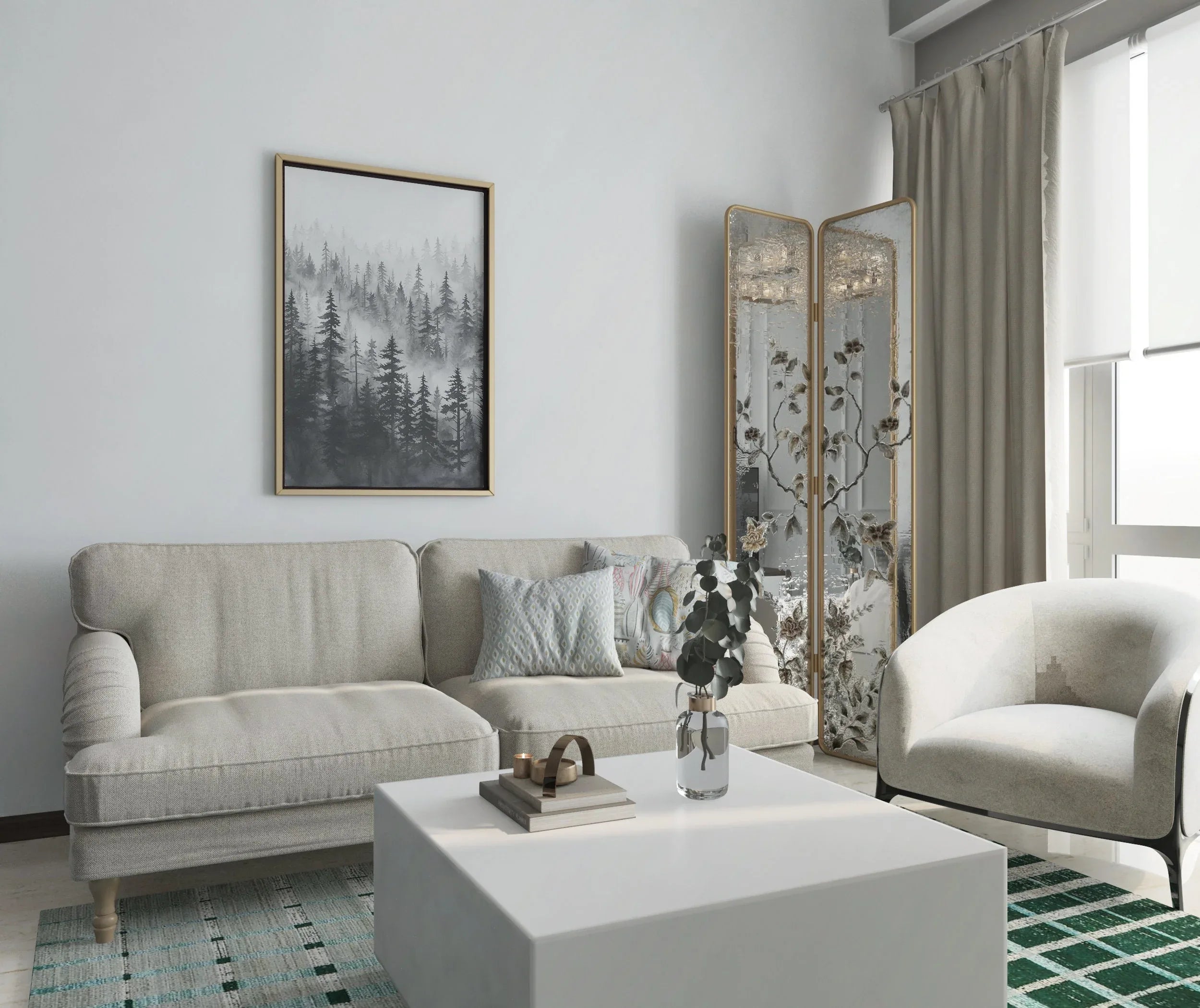 Black and white foggy forest wall art – elegant pine tree landscape in grey mist