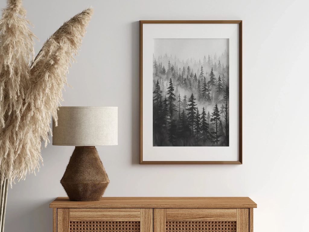 Black and white foggy forest wall art – elegant pine tree landscape in grey mist