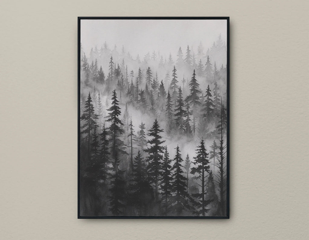 Black and white foggy forest wall art – elegant pine tree landscape in grey mist