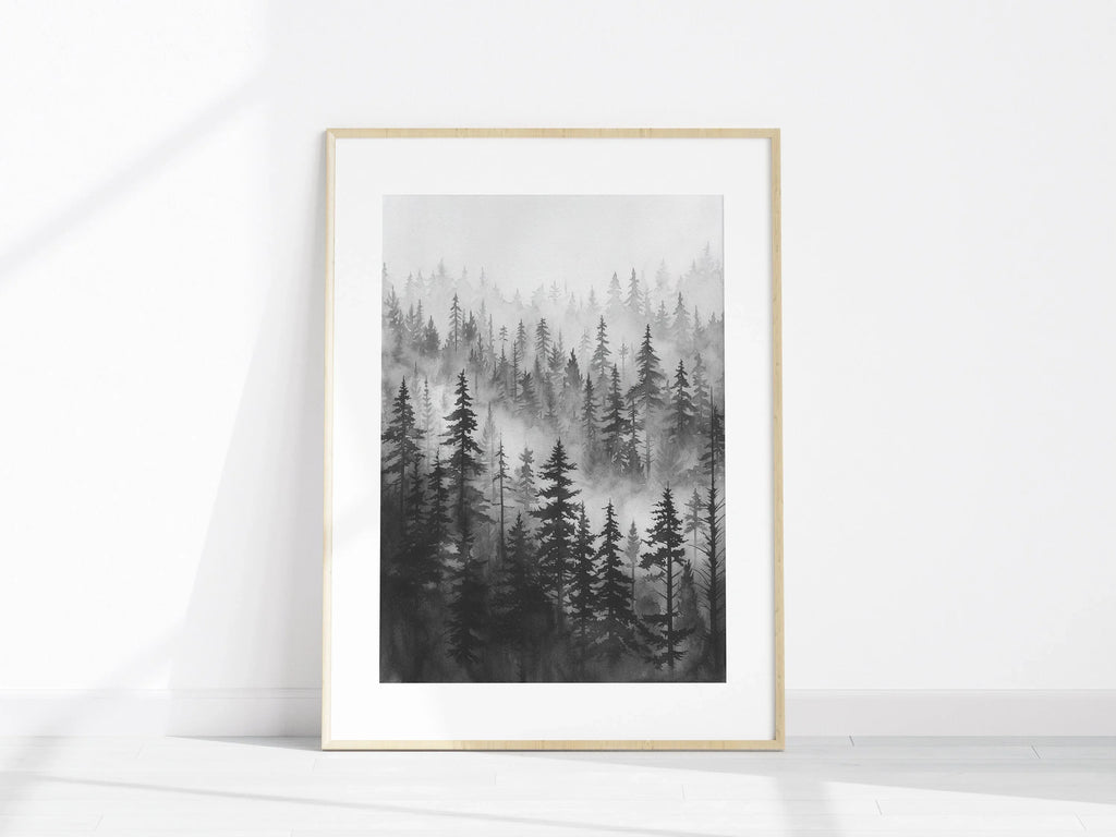 Black and white foggy forest wall art – elegant pine tree landscape in grey mist
