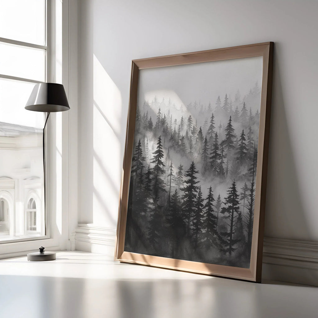 Black and white foggy forest wall art – elegant pine tree landscape in grey mist