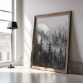 Black and white foggy forest wall art – elegant pine tree landscape in grey mist