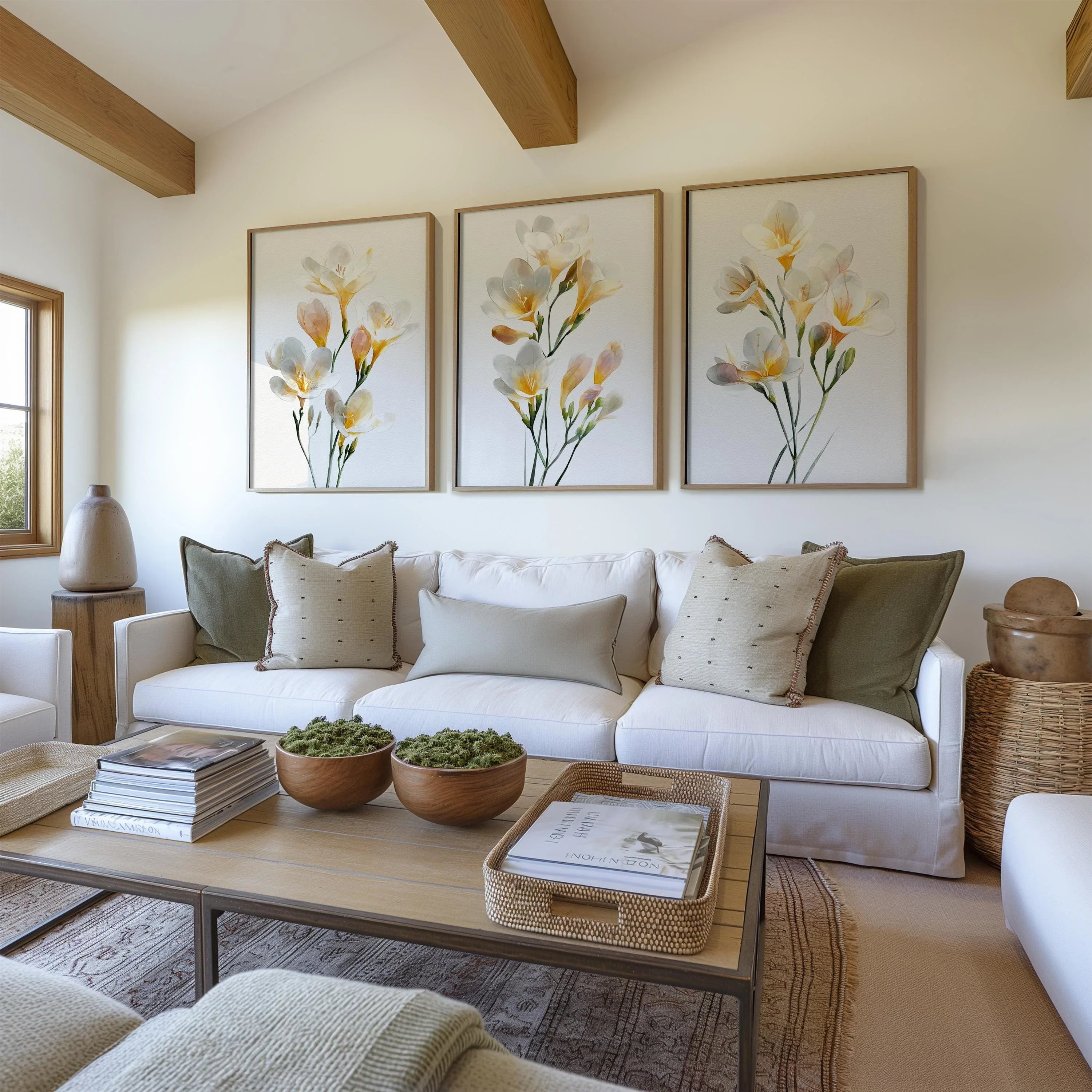 Freesia flower wall art set of 3 – yellow watercolour botanical on soft background